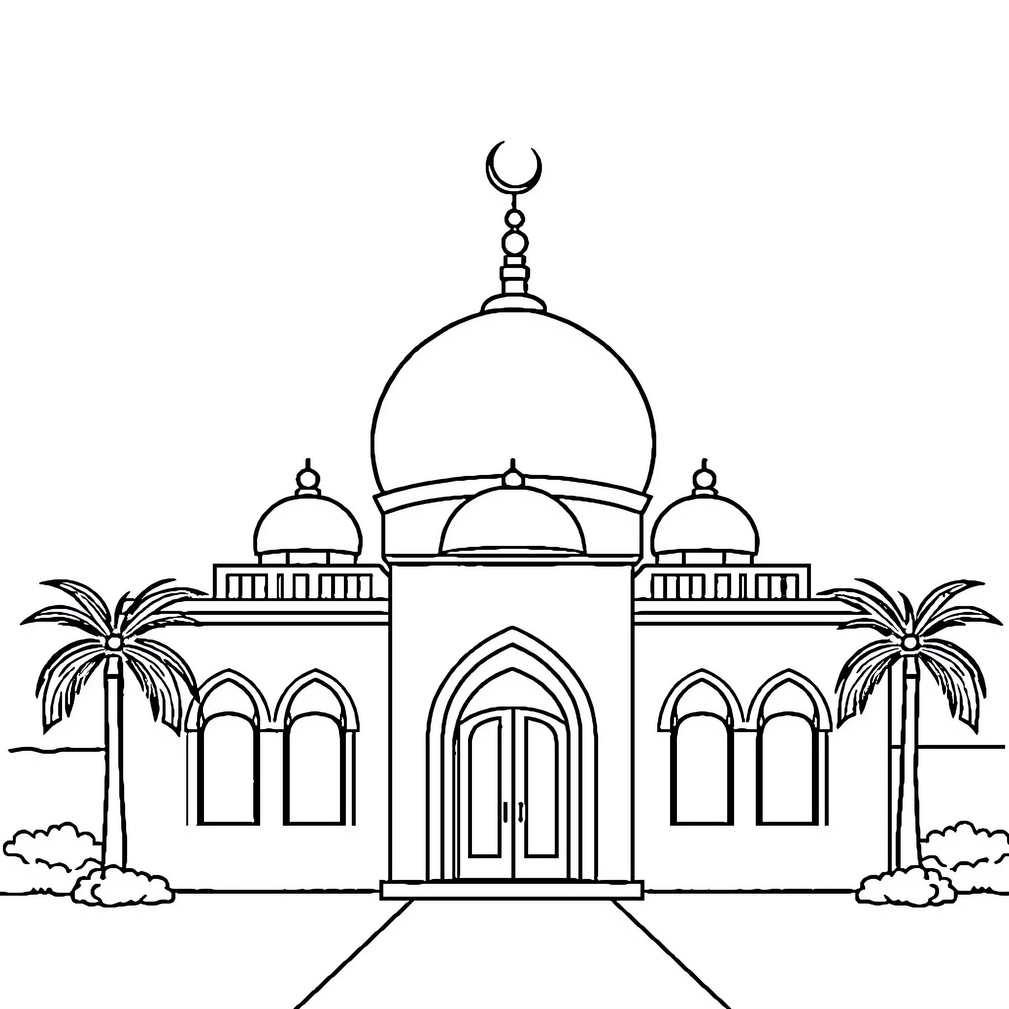 Mosque with domed architecture and palm trees Coloring Page (free black-and-white line drawing printable PDF for all, from beginners to advanced learners, including children, teens, adults, and seniors)