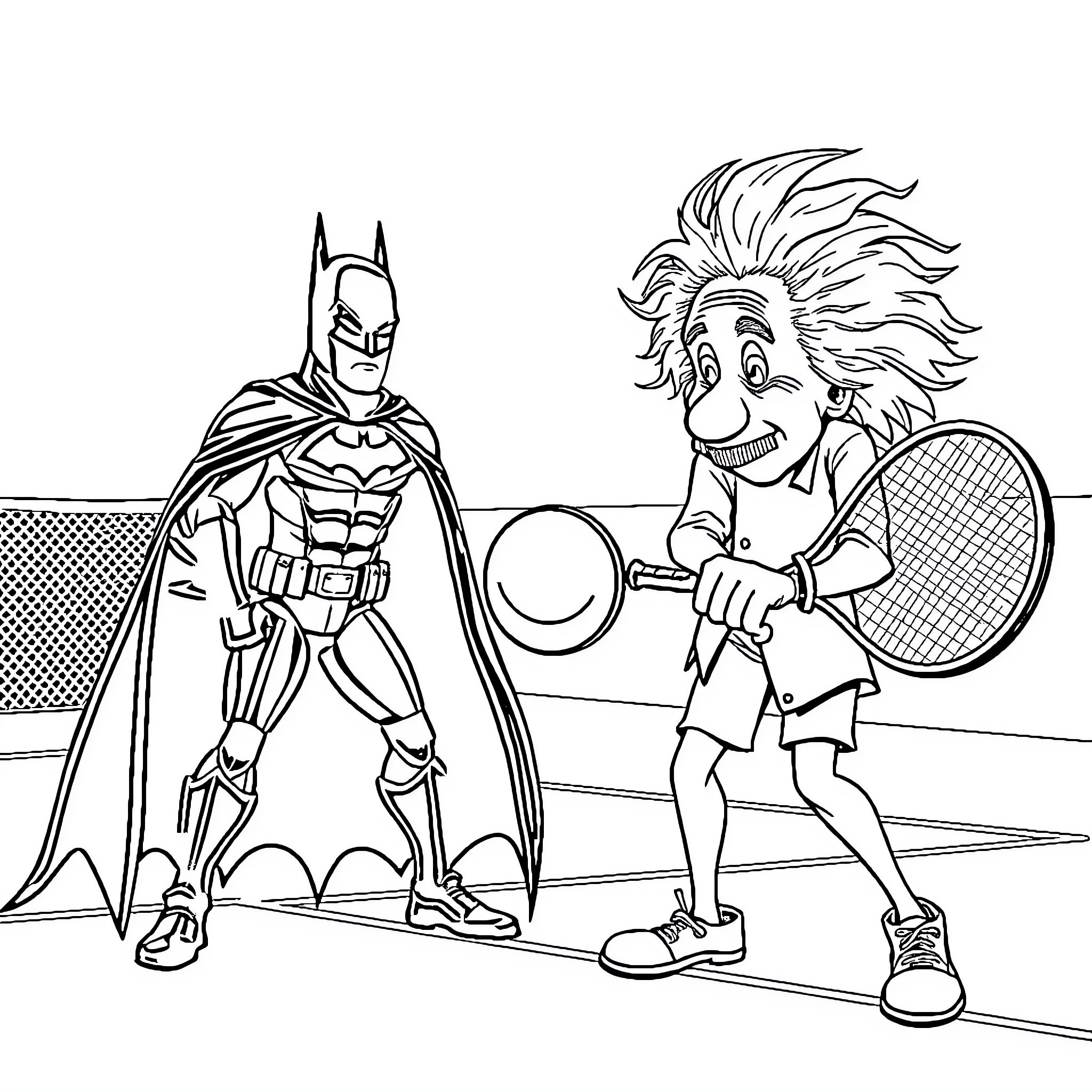 Albert Einstein plays tennis with Batman Coloring Page (free black-and-white line drawing printable PDF for all, from beginners to advanced learners, including children, teens, adults, and seniors)