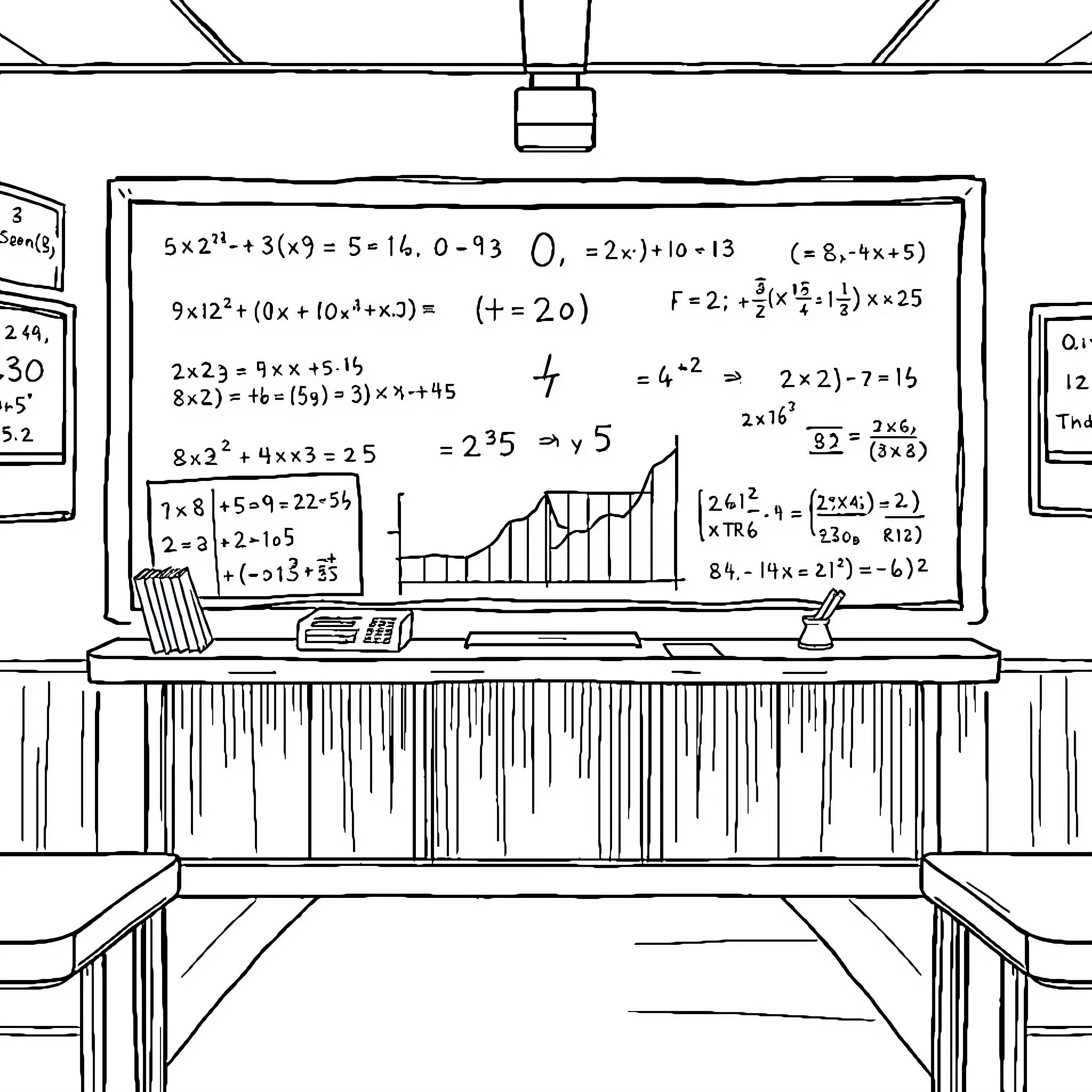 Math Classroom with Chalkboard Filled with Equations Coloring Page (free black-and-white line drawing printable PDF for all, from beginners to advanced learners, including children, teens, adults, and seniors)