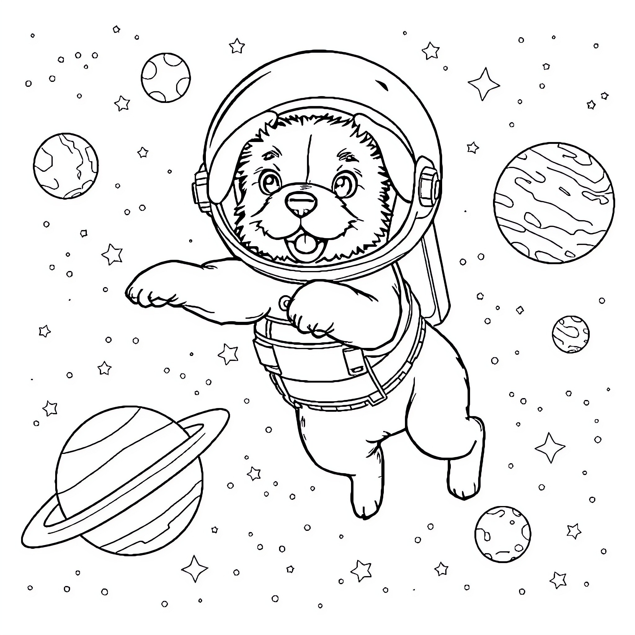 Dog floating in space with planets and stars Coloring Page (free black-and-white line drawing printable PDF for all, from beginners to advanced learners, including children, teens, adults, and seniors)