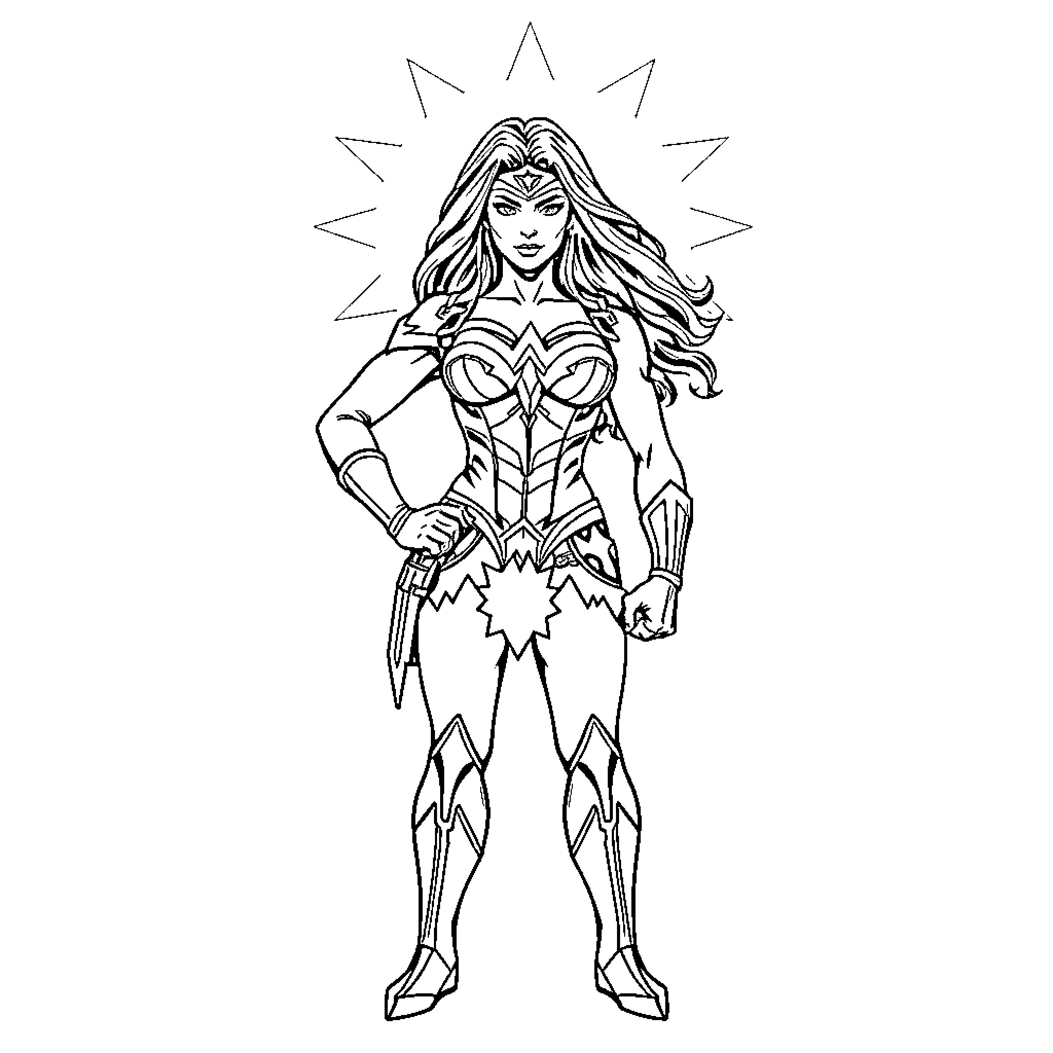 Wonder Woman in heroic action pose Coloring Page (free black-and-white line drawing printable PDF for all, from beginners to advanced learners, including children, teens, adults, and seniors)