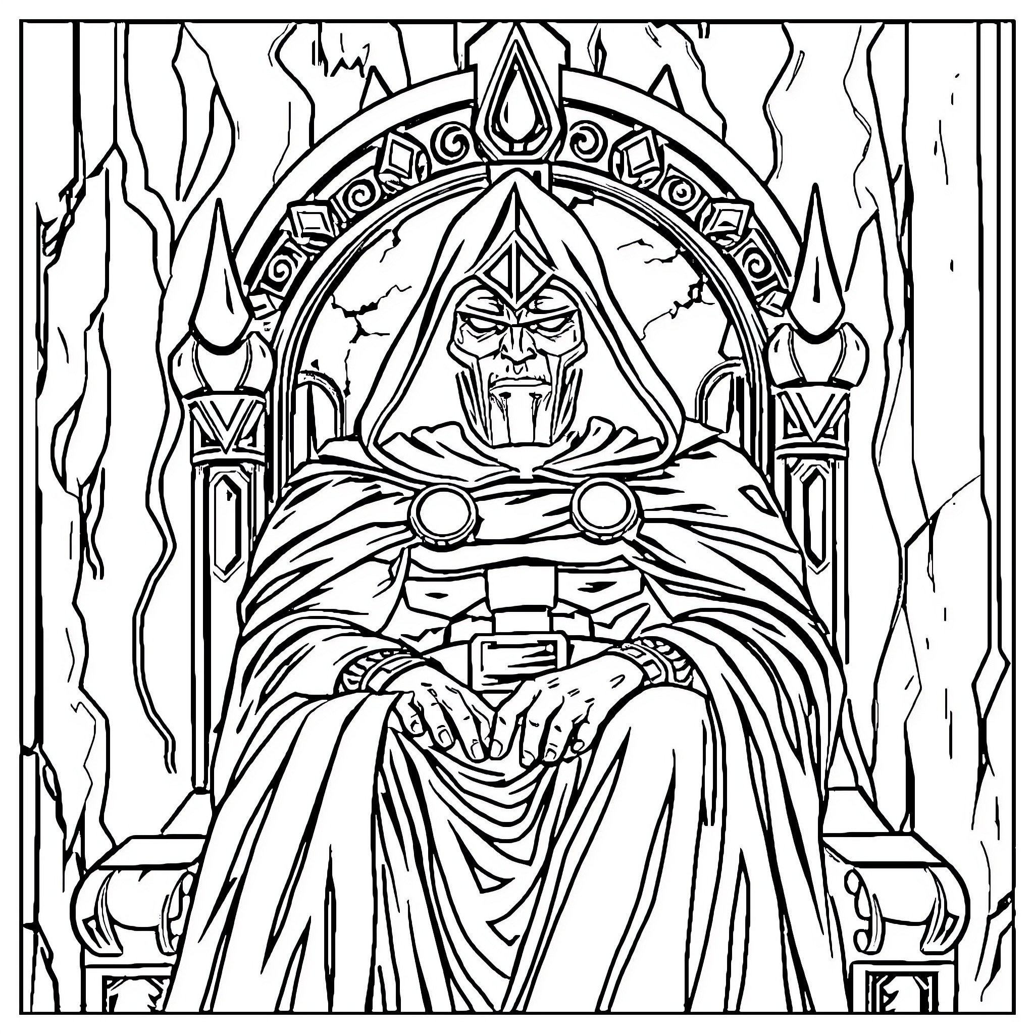Doctor Doom Seated on His Throne in Darkness Coloring Page (free black-and-white line drawing printable PDF for all, from beginners to advanced learners, including children, teens, adults, and seniors)