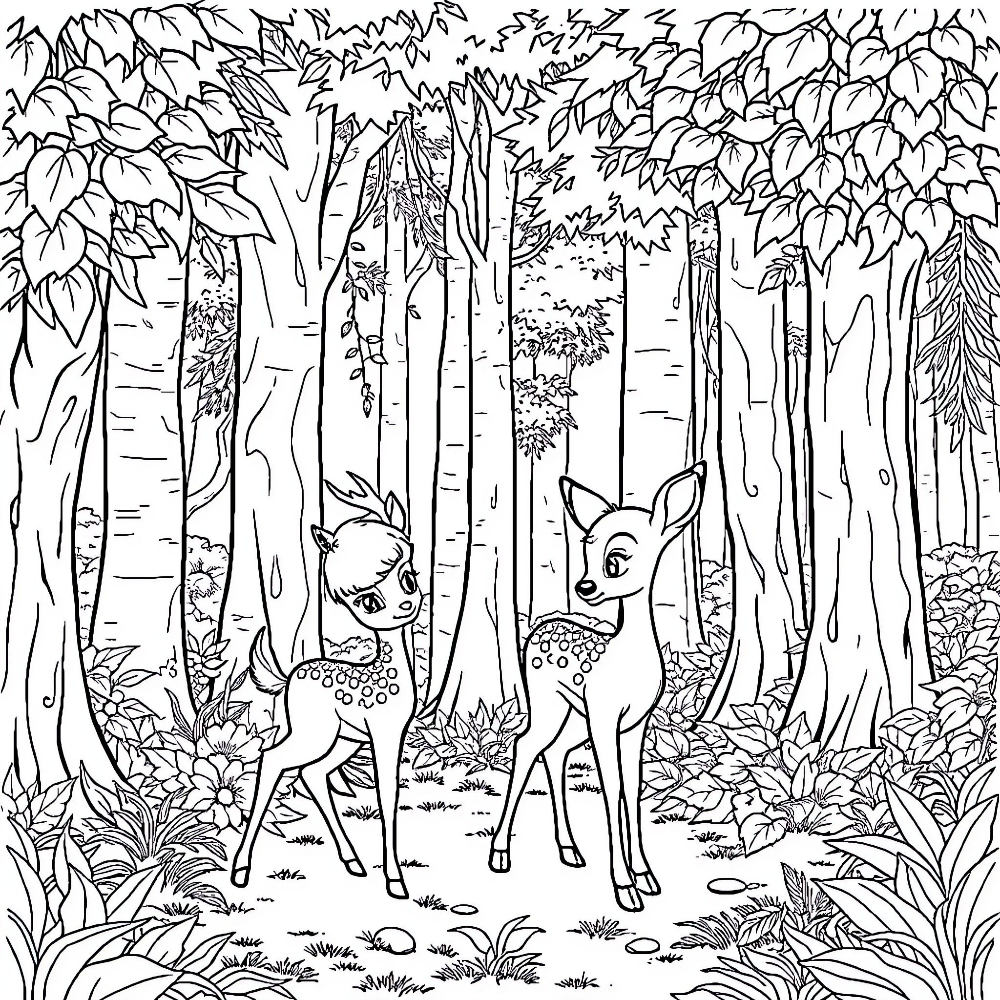 Snow White's Woodland Wonderland: Deer and Fawn Explore the Forest Coloring Page (free black-and-white line drawing printable PDF for all, from beginners to advanced learners, including children, teens, adults, and seniors)