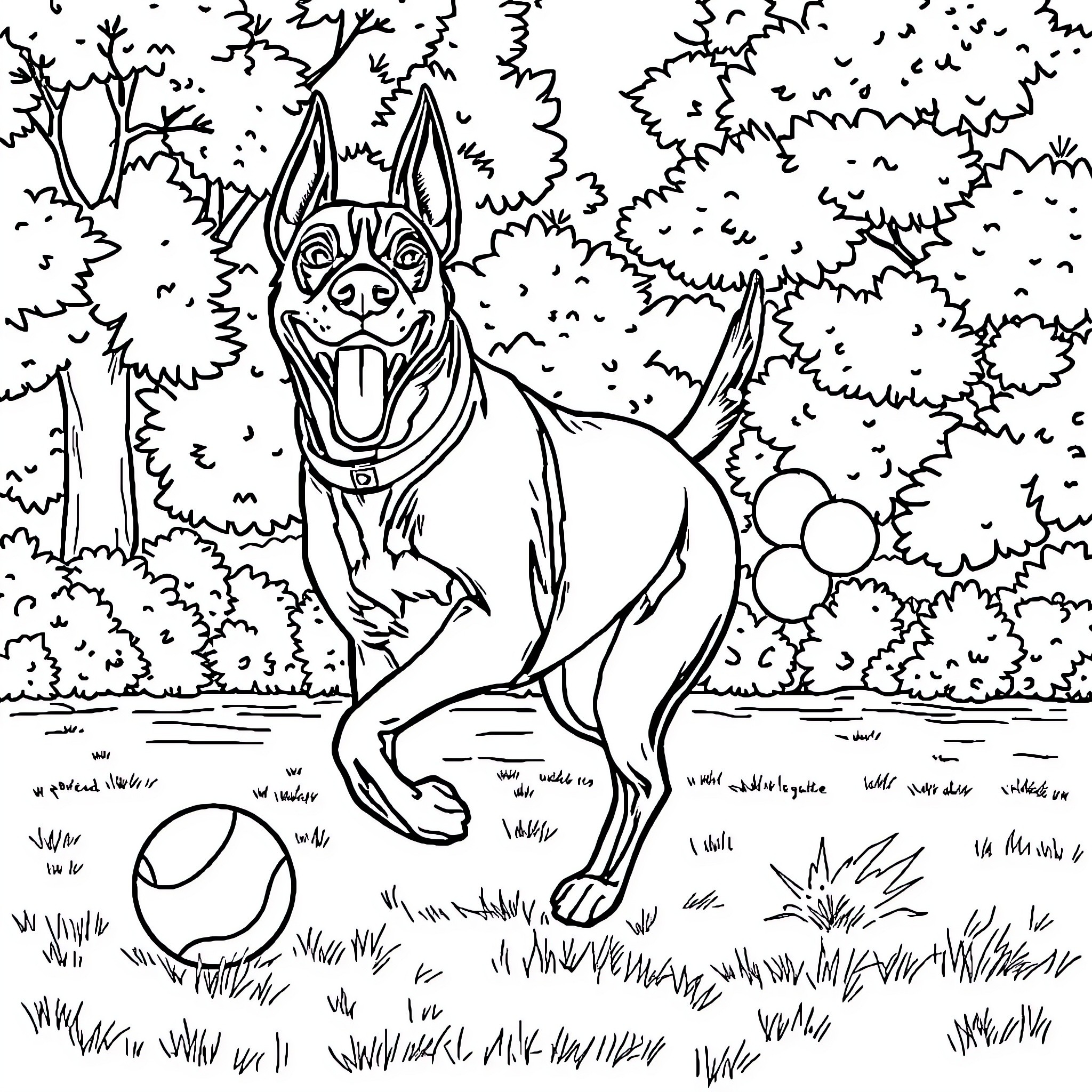 Perro jugando en el parque Coloring Page (free black-and-white line drawing printable PDF for all, from beginners to advanced learners, including children, teens, adults, and seniors)
