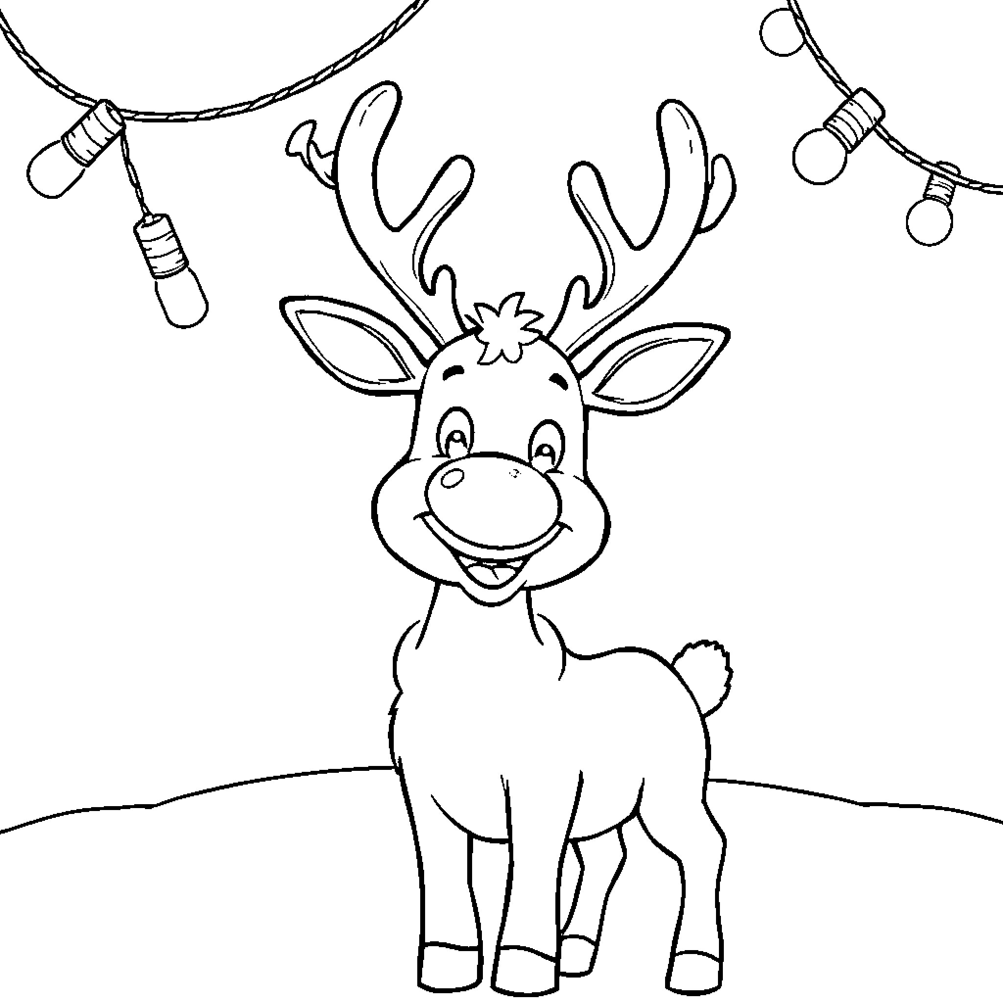 Reindeer celebrating under festive lights Coloring Page (free black-and-white line drawing printable PDF for all, from beginners to advanced learners, including children, teens, adults, and seniors)