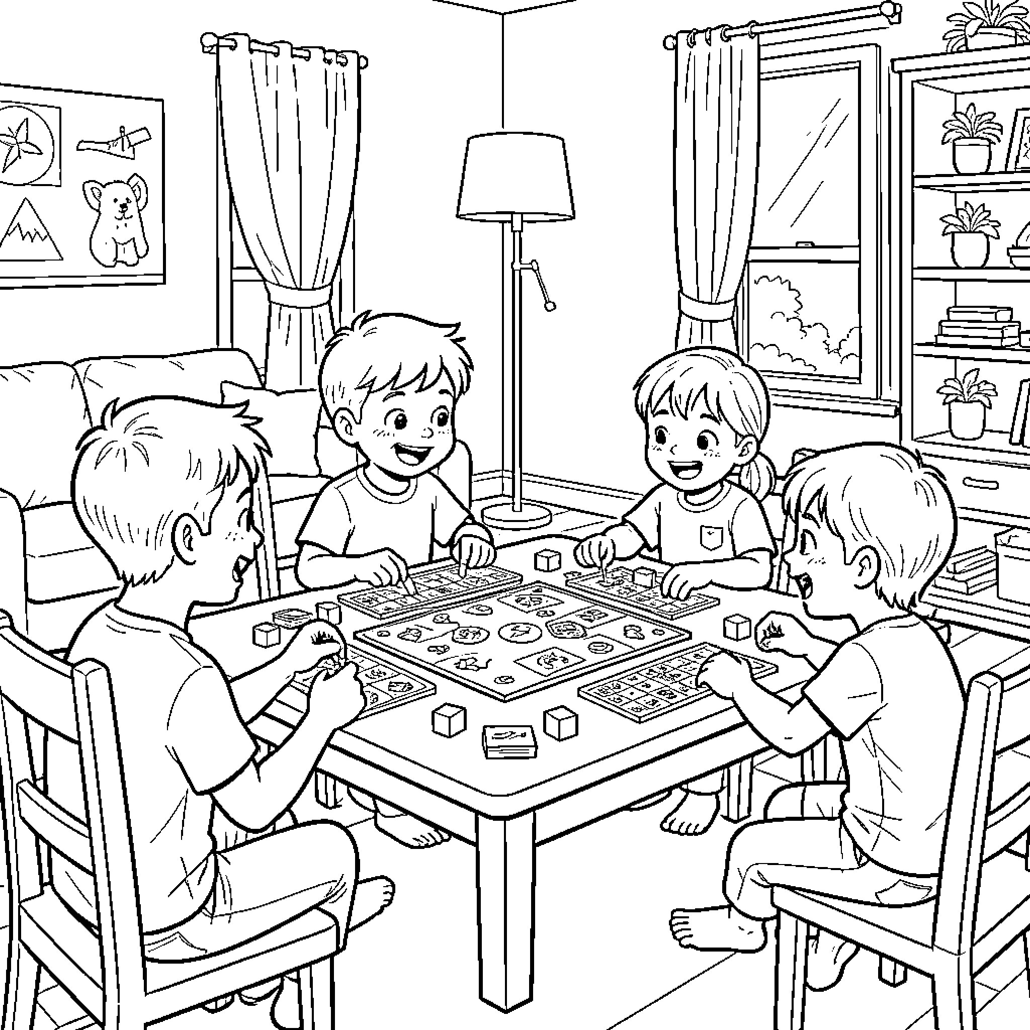 Child group playing a board game together indoors Coloring Page (free black-and-white line drawing printable PDF for all, from beginners to advanced learners, including children, teens, adults, and seniors)