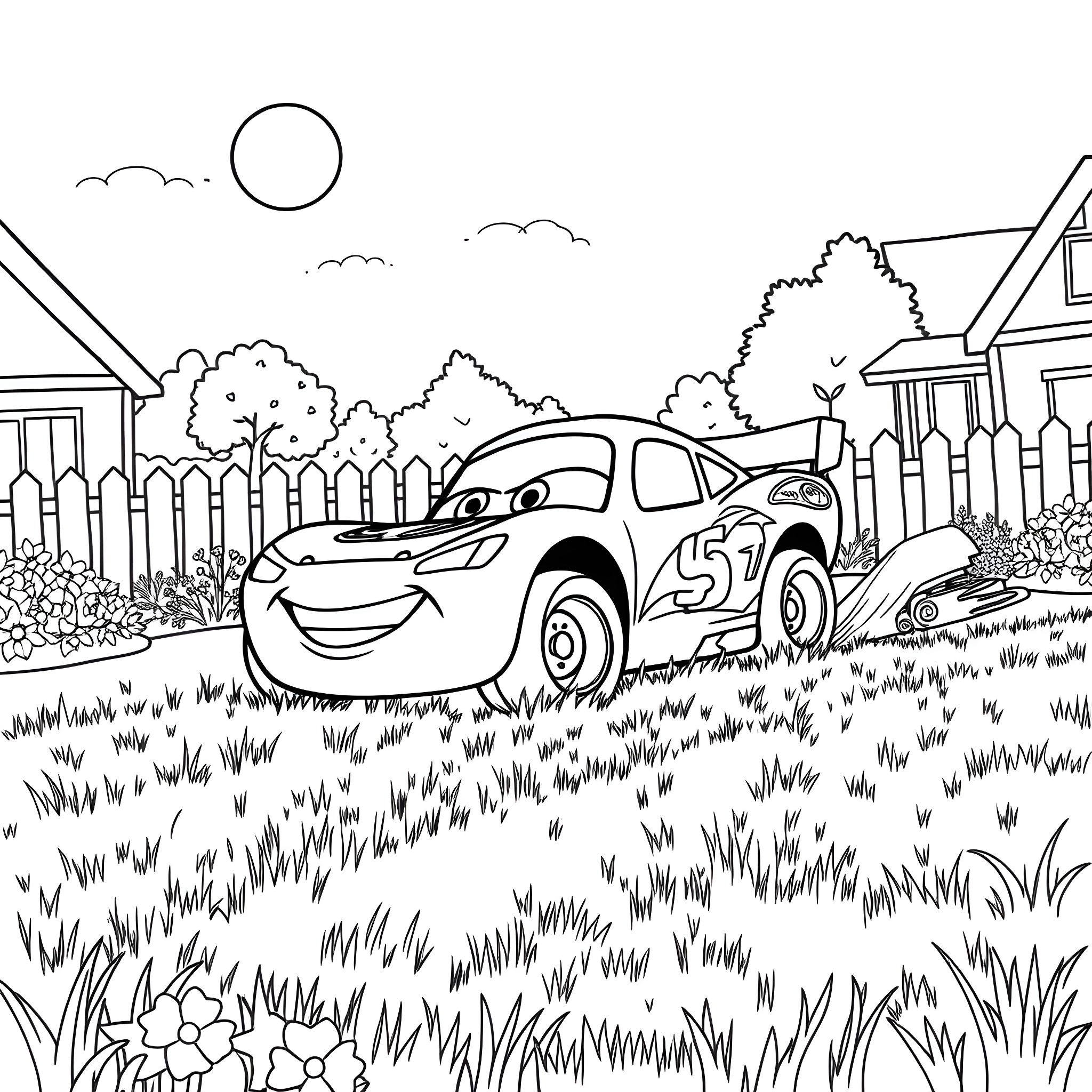 Lightning McQueen racing through a scenic countryside Coloring Page (free black-and-white line drawing printable PDF for all, from beginners to advanced learners, including children, teens, adults, and seniors)