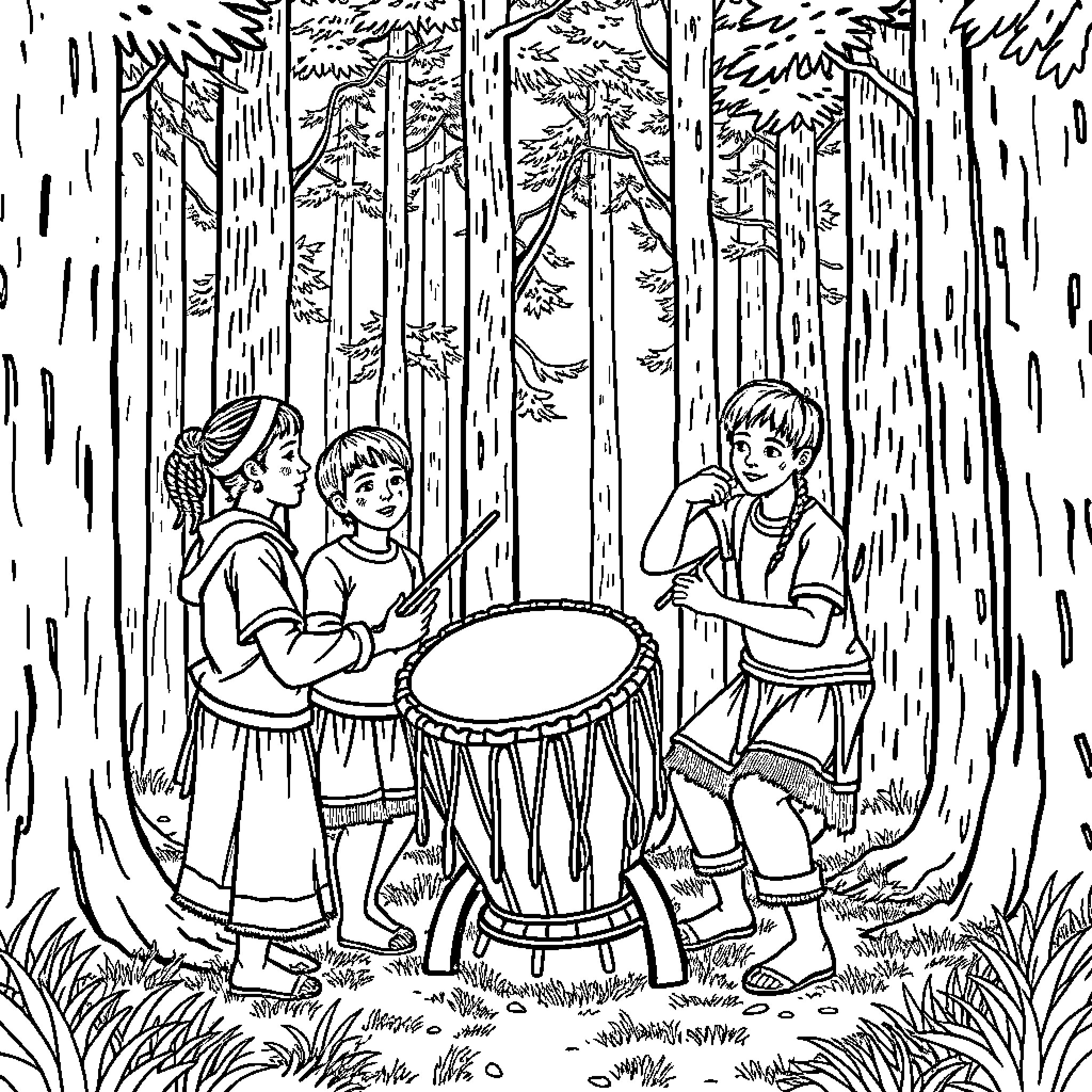 Drum Ensemble in the Forest Coloring Page (free black-and-white line drawing printable PDF for all, from beginners to advanced learners, including children, teens, adults, and seniors)
