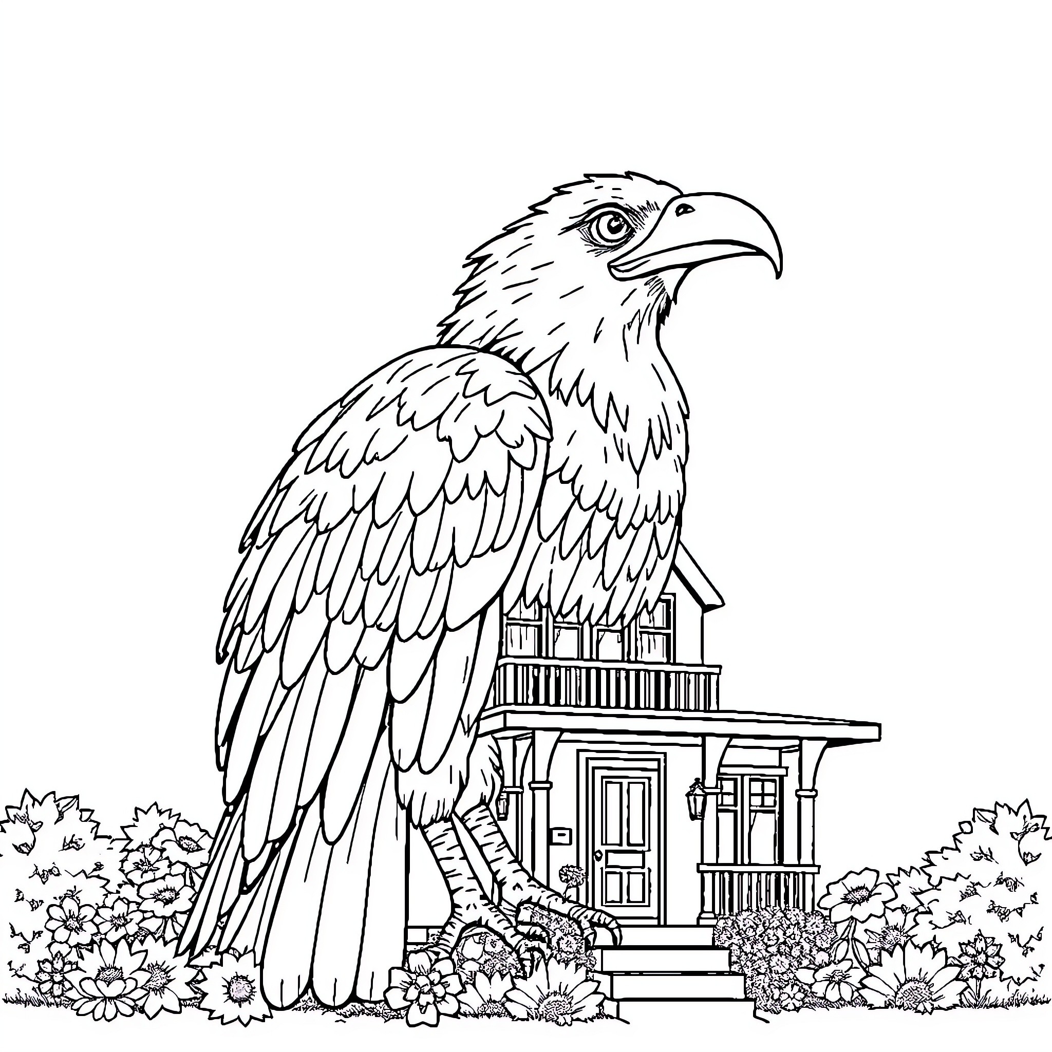 Cuervo the Majestic Eagle Guards the Cottage Coloring Page (free black-and-white line drawing printable PDF for all, from beginners to advanced learners, including children, teens, adults, and seniors)