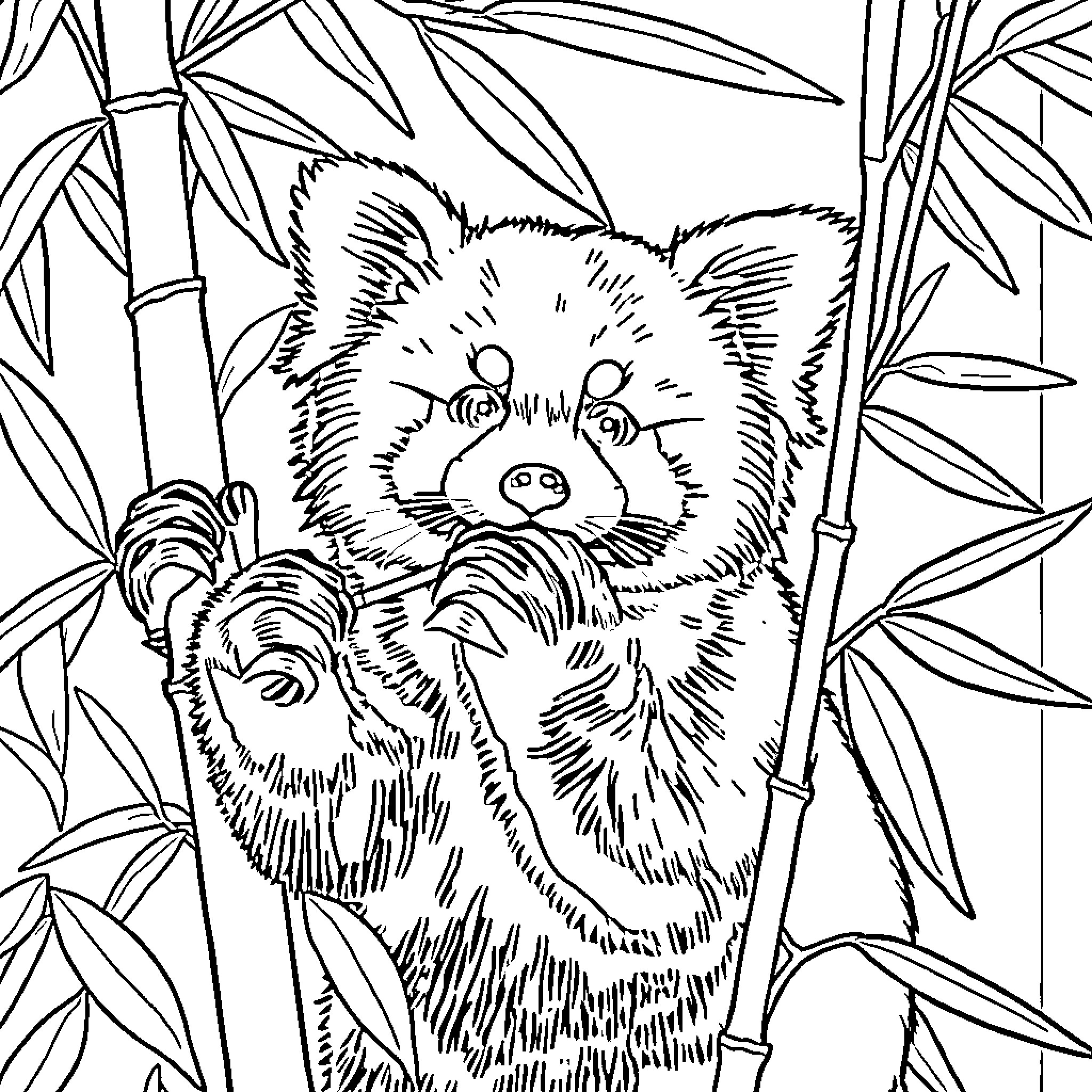 Panda hiding in bamboo forest Coloring Page (free black-and-white line drawing printable PDF for all, from beginners to advanced learners, including children, teens, adults, and seniors)
