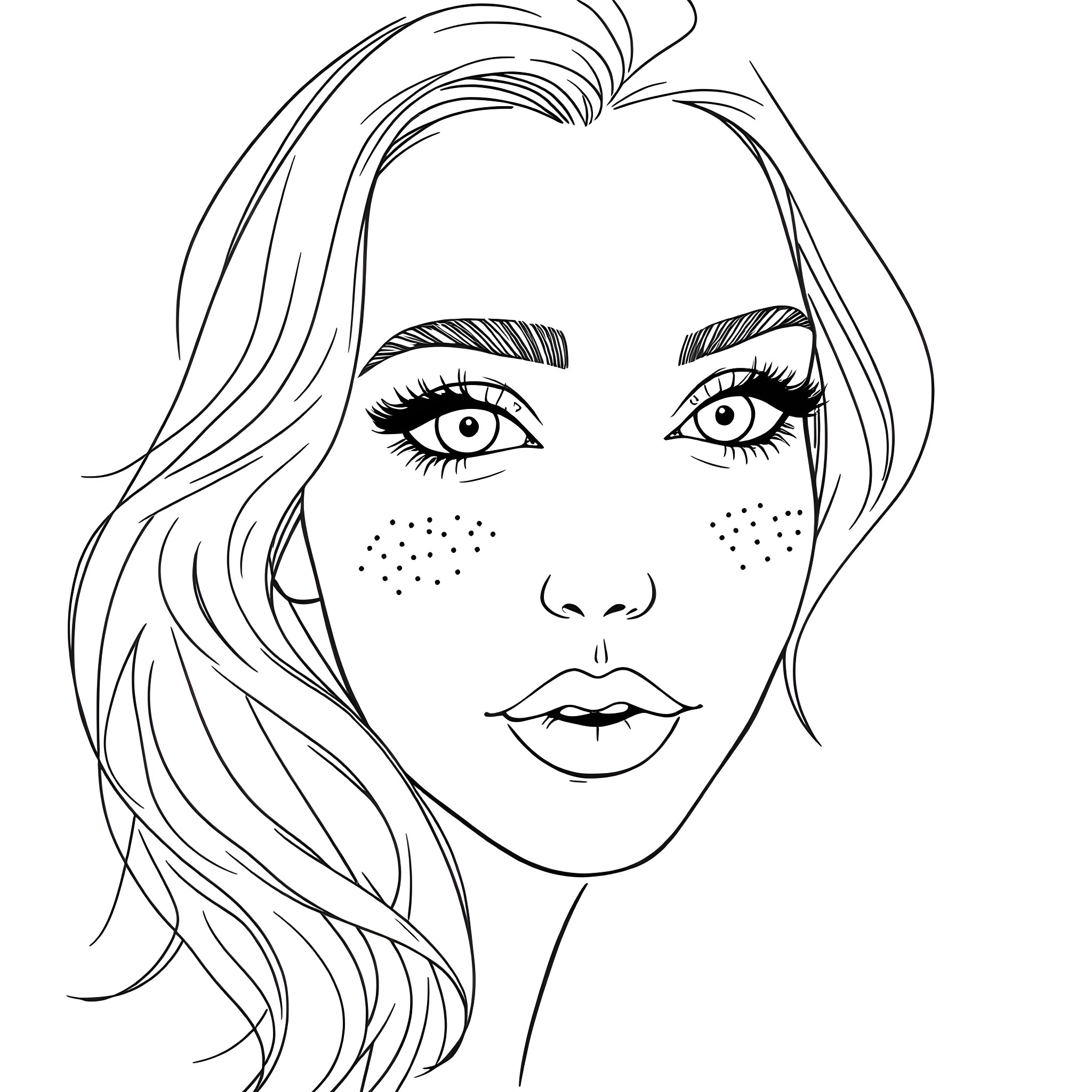 Woman with Flowing Hair and Expressive Features Coloring Page (free black-and-white line drawing printable PDF for all, from beginners to advanced learners, including children, teens, adults, and seniors)