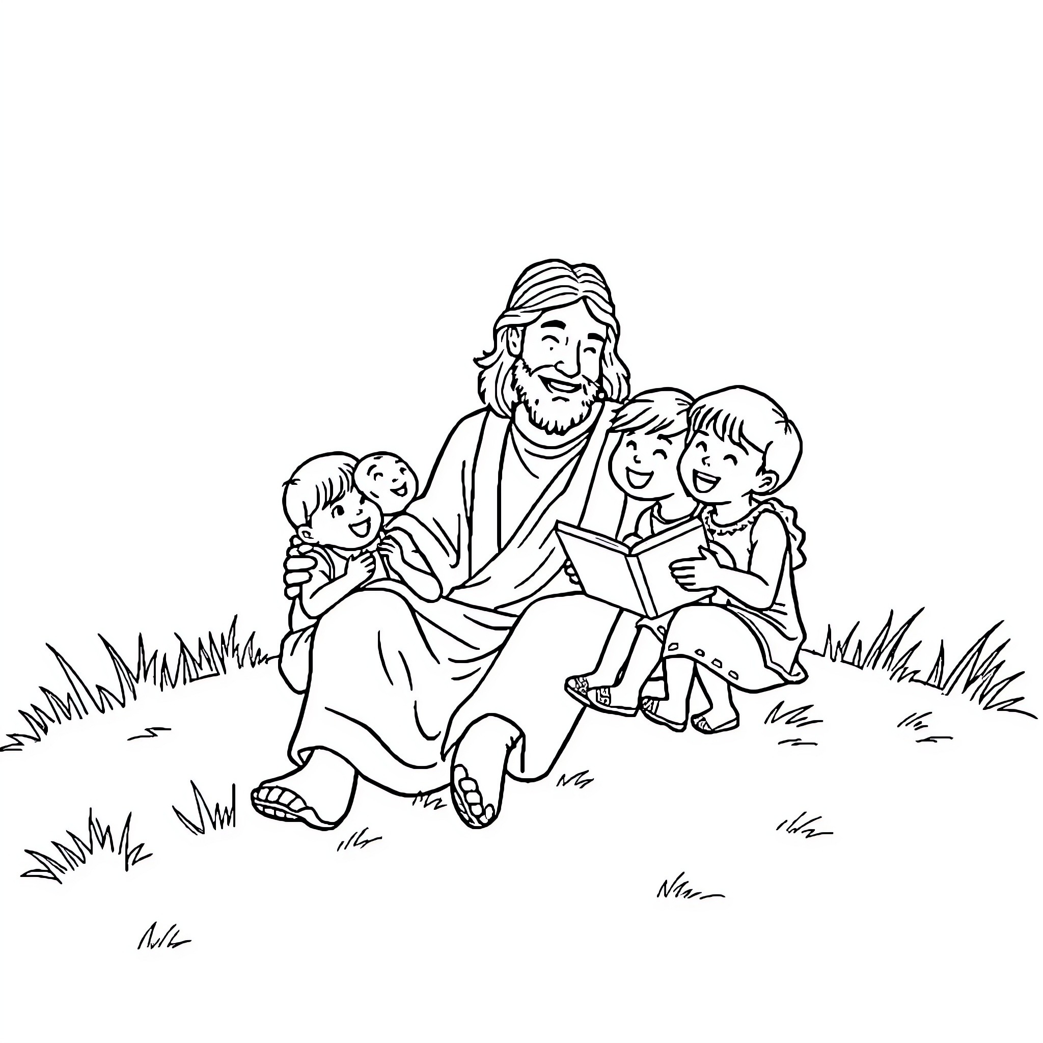 Jesus Teaching Children in the Meadow Coloring Page (free black-and-white line drawing printable PDF for all, from beginners to advanced learners, including children, teens, adults, and seniors)