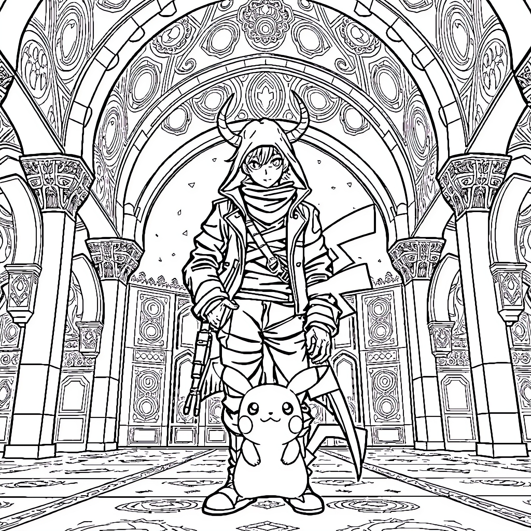 Demon Hunter in a Mystical Archway Coloring Page (free black-and-white line drawing printable PDF for all, from beginners to advanced learners, including children, teens, adults, and seniors)