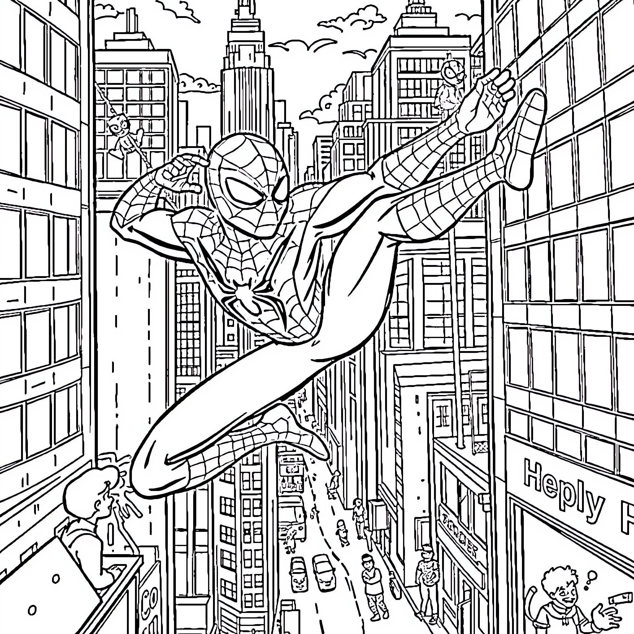 Spider-Man swinging through the city skyline Coloring Page (free black-and-white line drawing printable PDF for all, from beginners to advanced learners, including children, teens, adults, and seniors)