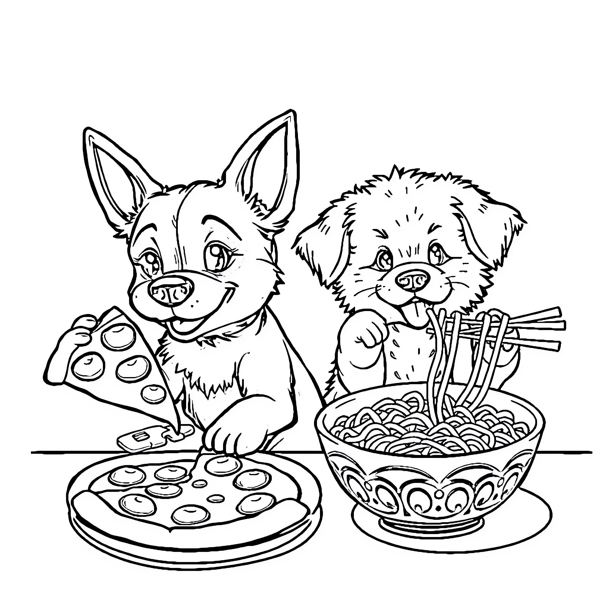 Blue and Bingo Enjoy a Tasty Meal Together Coloring Page (free black-and-white line drawing printable PDF for all, from beginners to advanced learners, including children, teens, adults, and seniors)