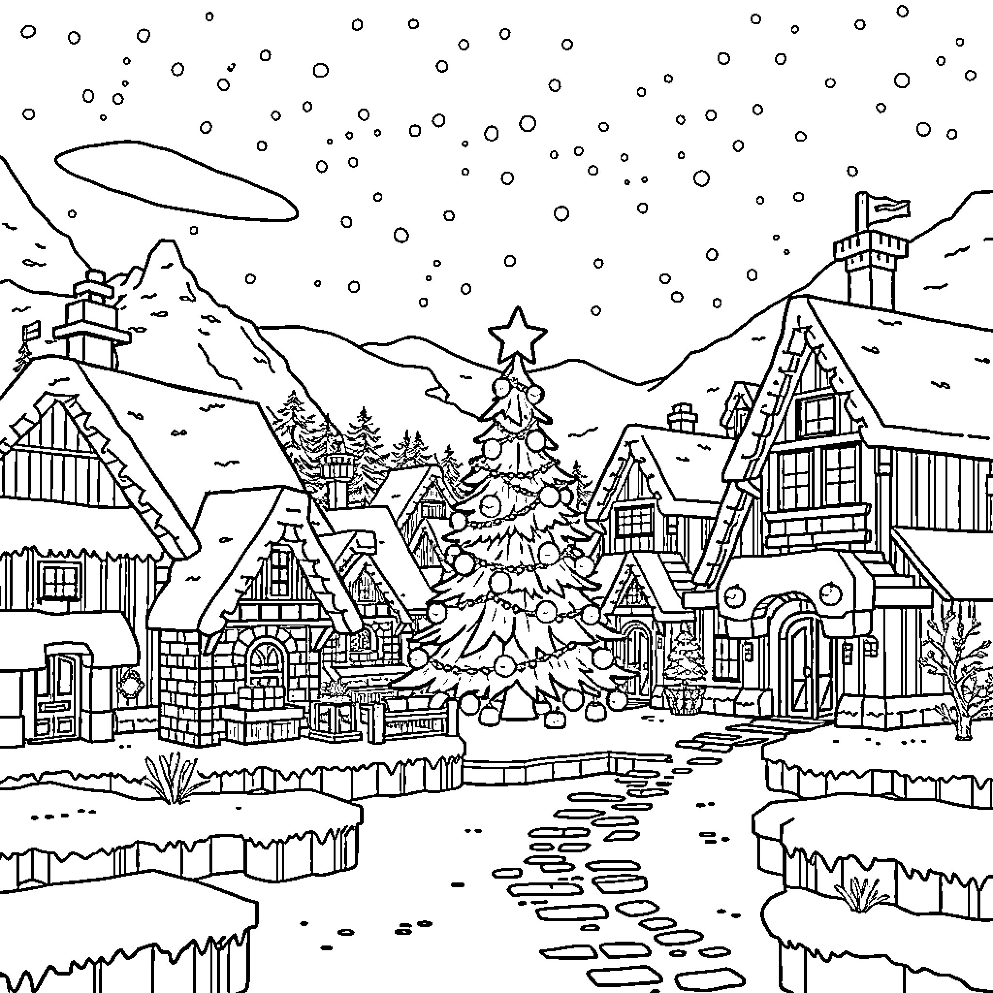 Minecraft village in the winter wonderland Coloring Page (free black-and-white line drawing printable PDF for all, from beginners to advanced learners, including children, teens, adults, and seniors)