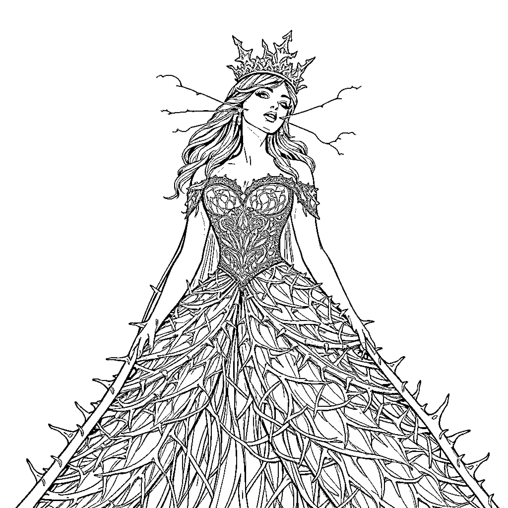 Snow Queen in Regal Gown and Crown Coloring Page (free black-and-white line drawing printable PDF for all, from beginners to advanced learners, including children, teens, adults, and seniors)