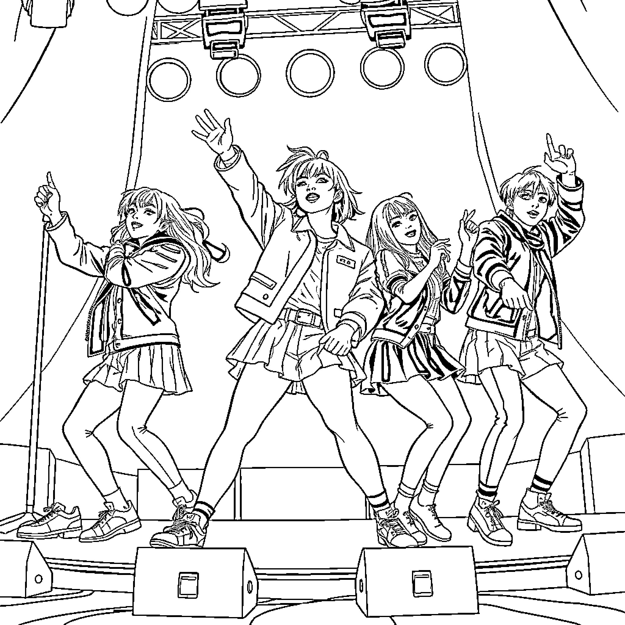 Kpop Girl Group Performing on Stage Coloring Page (free black-and-white line drawing printable PDF for all, from beginners to advanced learners, including children, teens, adults, and seniors)