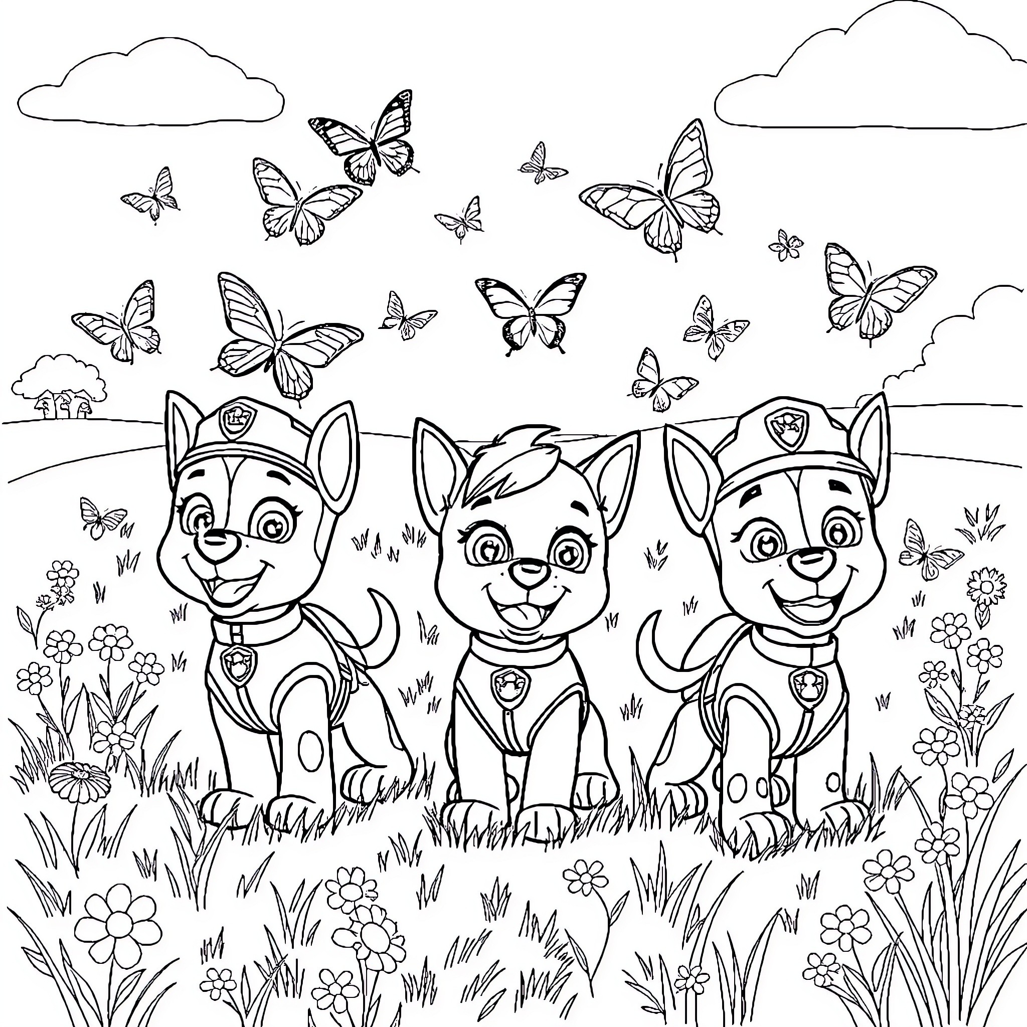 Paw Patrol Pups Explore Butterfly-Filled Meadow Coloring Page (free black-and-white line drawing printable PDF for all, from beginners to advanced learners, including children, teens, adults, and seniors)