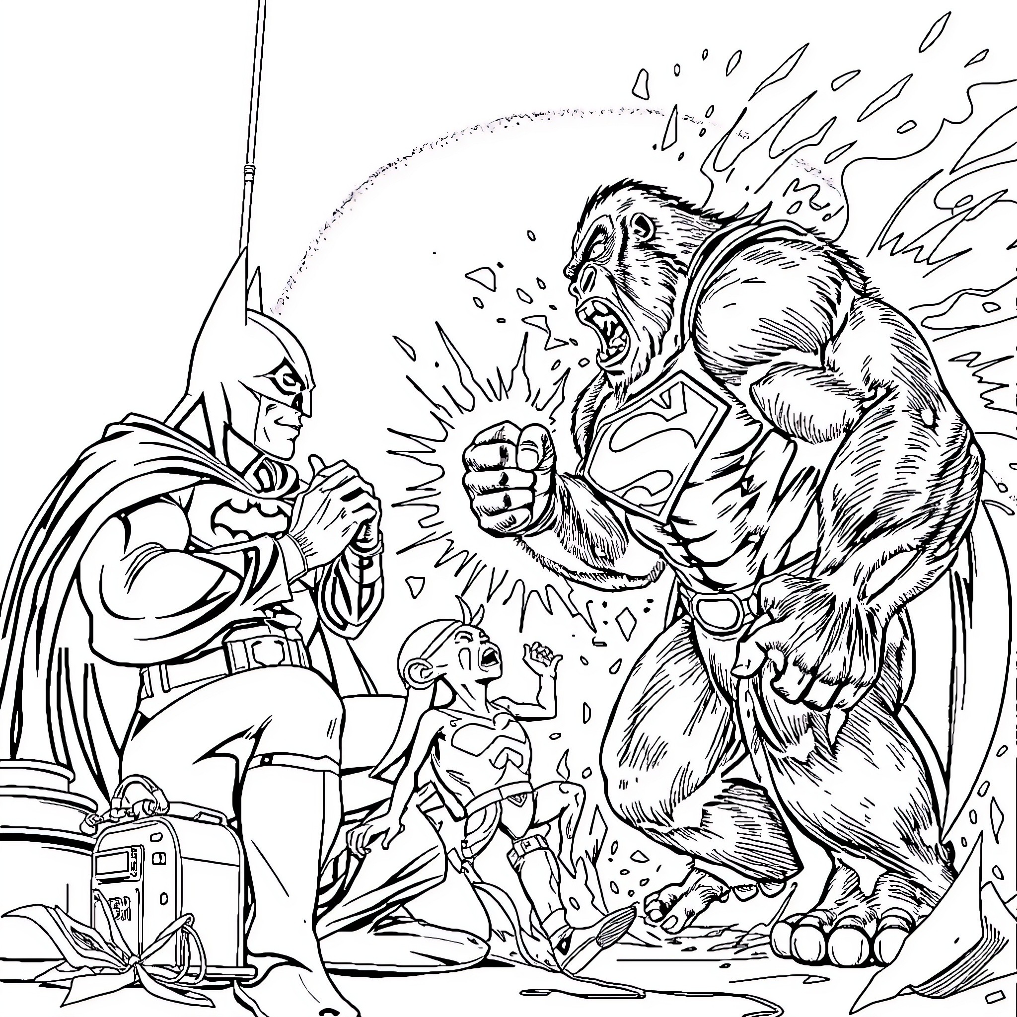 Batman confronting a fierce beast in battle Coloring Page (free black-and-white line drawing printable PDF for all, from beginners to advanced learners, including children, teens, adults, and seniors)