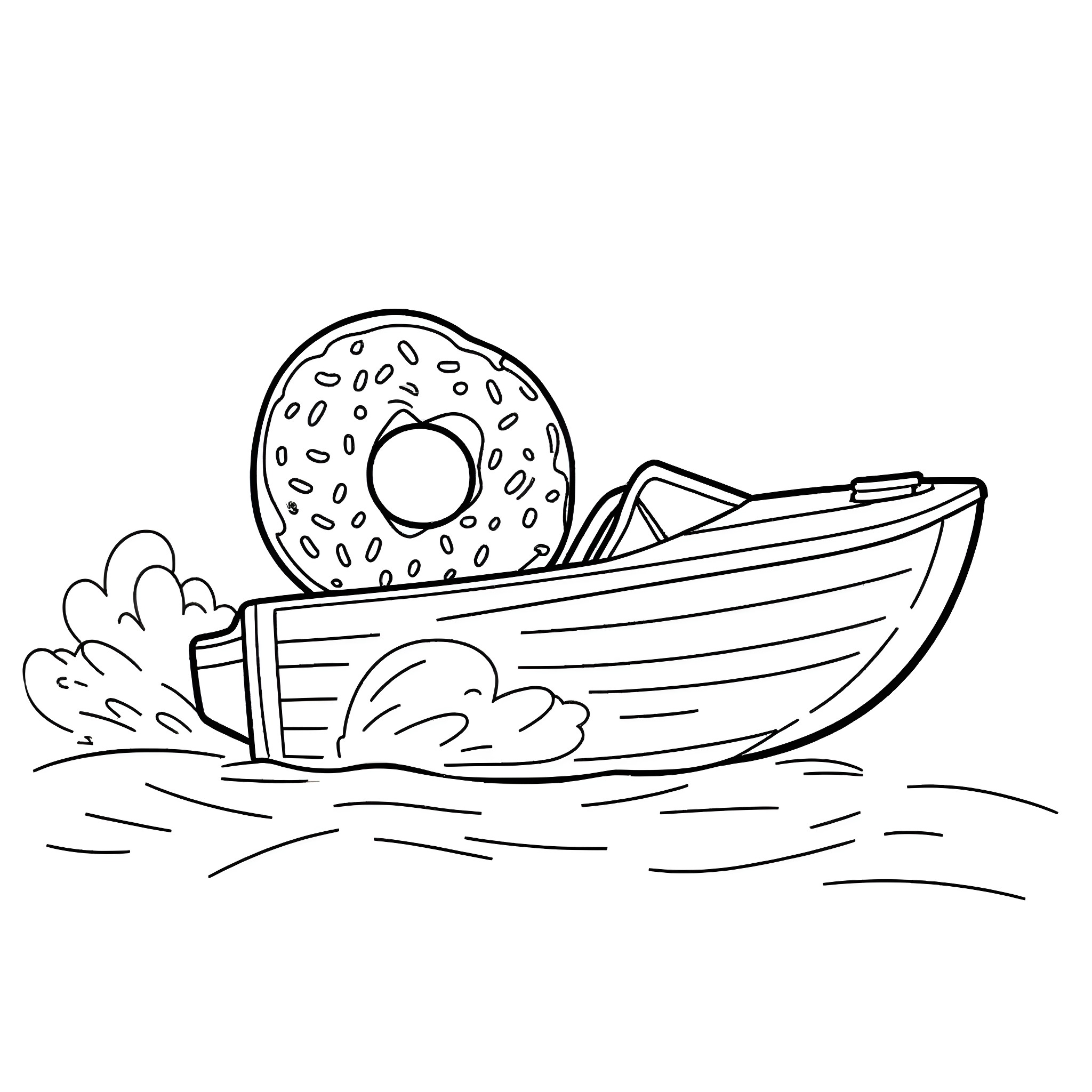 Donut sailing on a boat Coloring Page (free black-and-white line drawing printable PDF for all, from beginners to advanced learners, including children, teens, adults, and seniors)