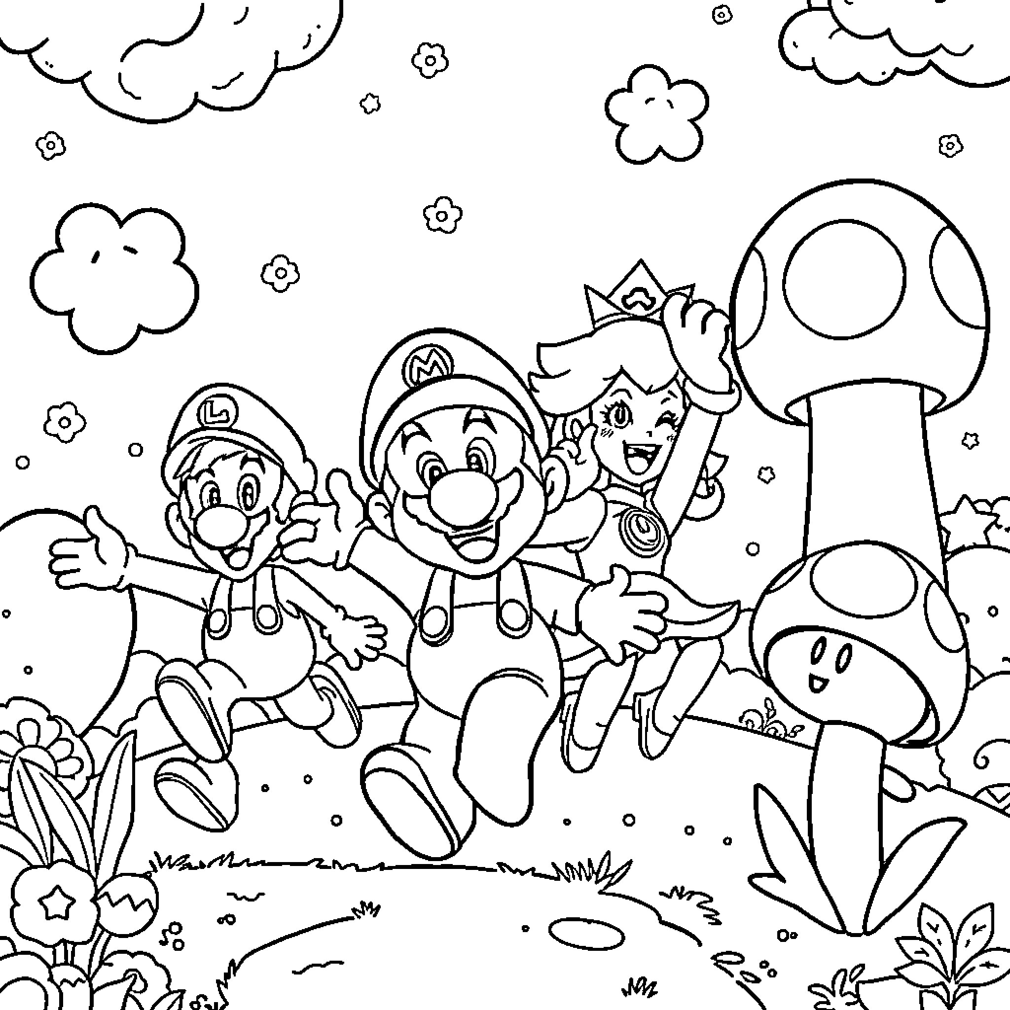 Super Mario and Friends Exploring the Mushroom Kingdom Coloring Page (free black-and-white line drawing printable PDF for all, from beginners to advanced learners, including children, teens, adults, and seniors)