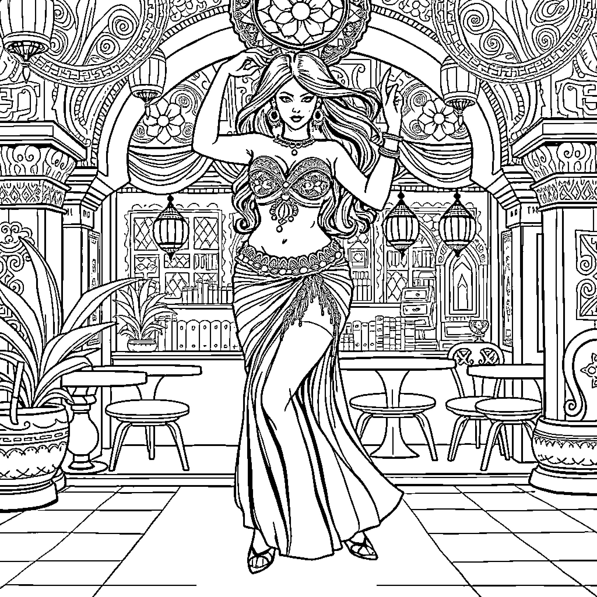 Bellydancer performing in a vibrant, ornate setting Coloring Page (free black-and-white line drawing printable PDF for all, from beginners to advanced learners, including children, teens, adults, and seniors)