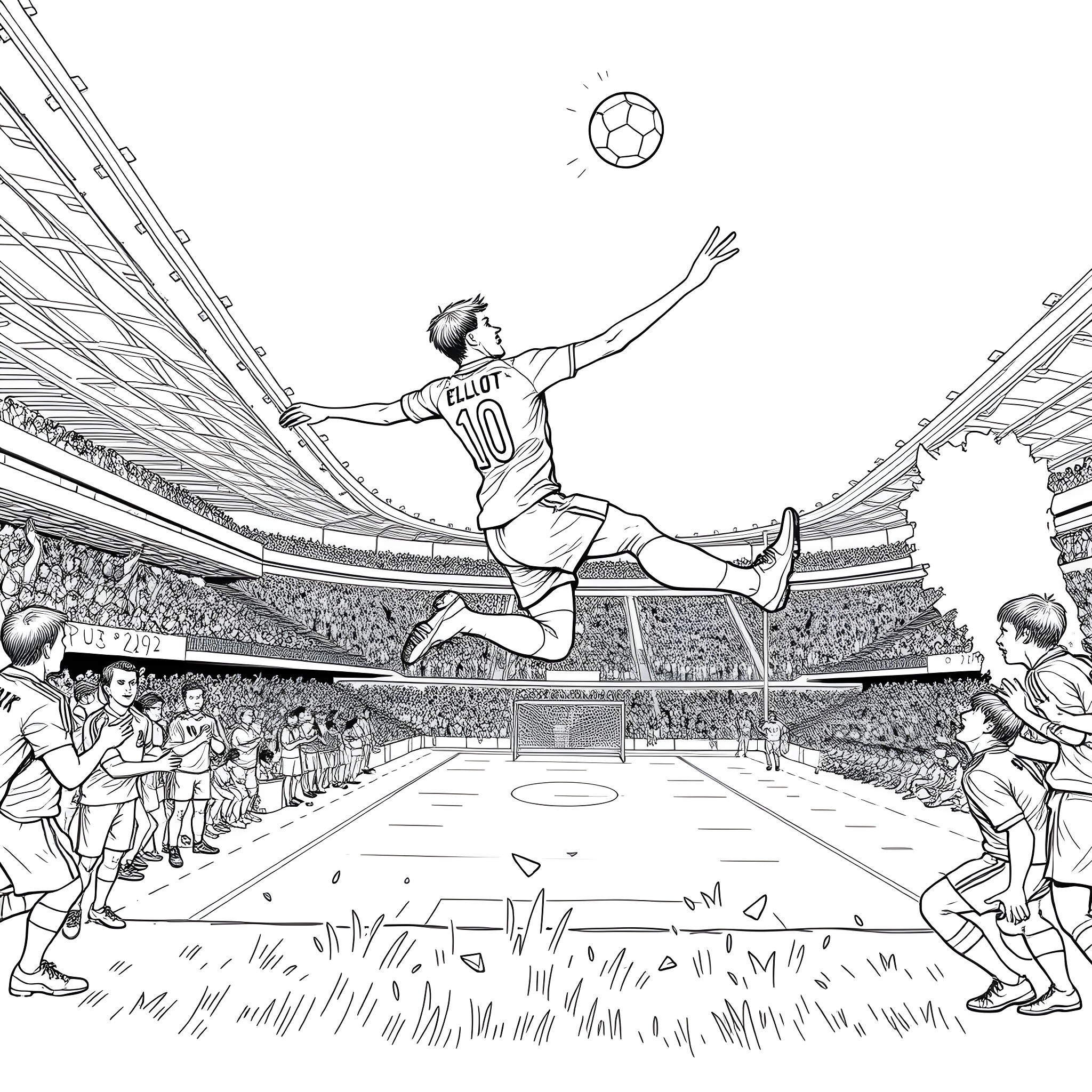 Jamie Elliot's Impressive Soccer Skills Showcase in the Stadium Coloring Page (free black-and-white line drawing printable PDF for all, from beginners to advanced learners, including children, teens, adults, and seniors)