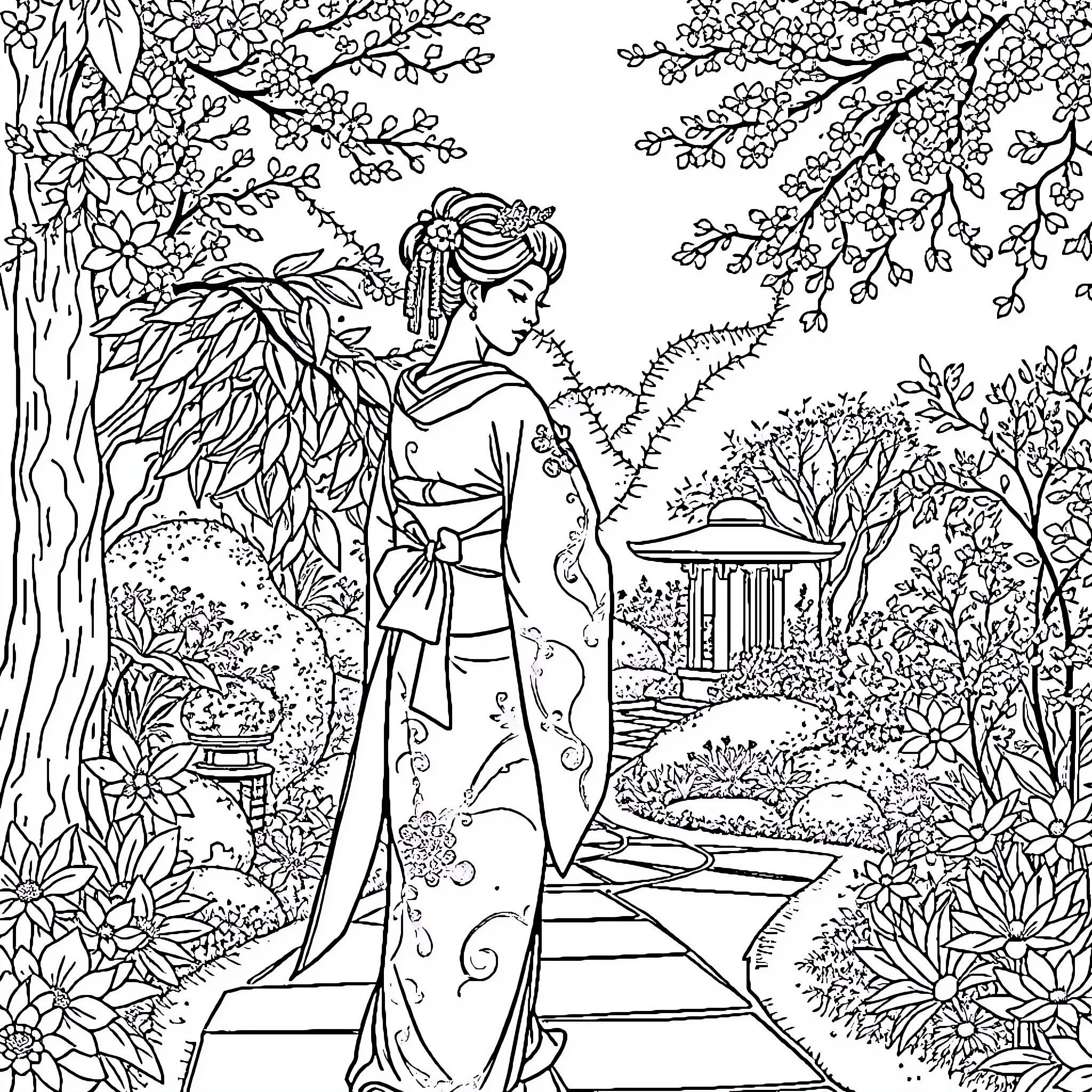Geisha walking through a tranquil garden scene Coloring Page (free black-and-white line drawing printable PDF for all, from beginners to advanced learners, including children, teens, adults, and seniors)