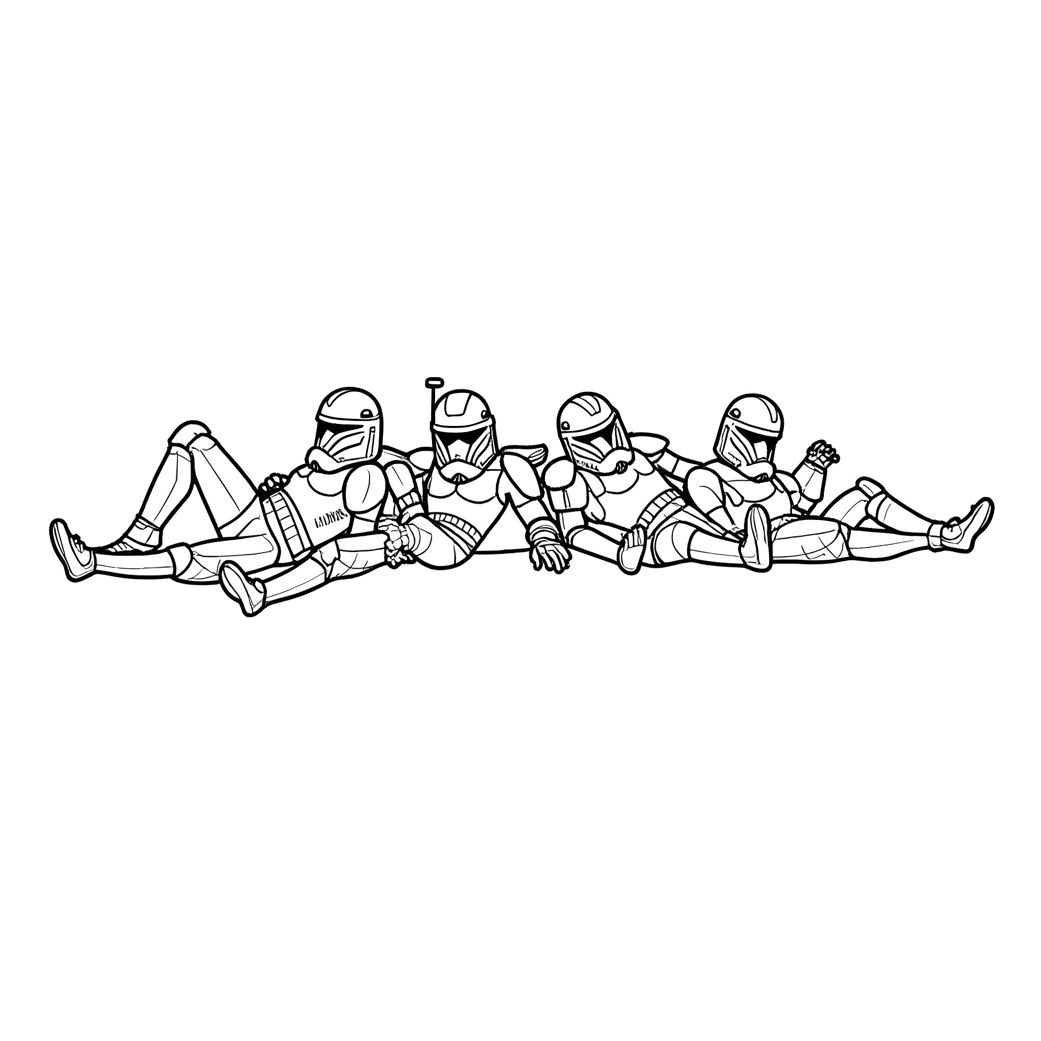 Clone Troopers resting together after battle Coloring Page (free black-and-white line drawing printable PDF for all, from beginners to advanced learners, including children, teens, adults, and seniors)
