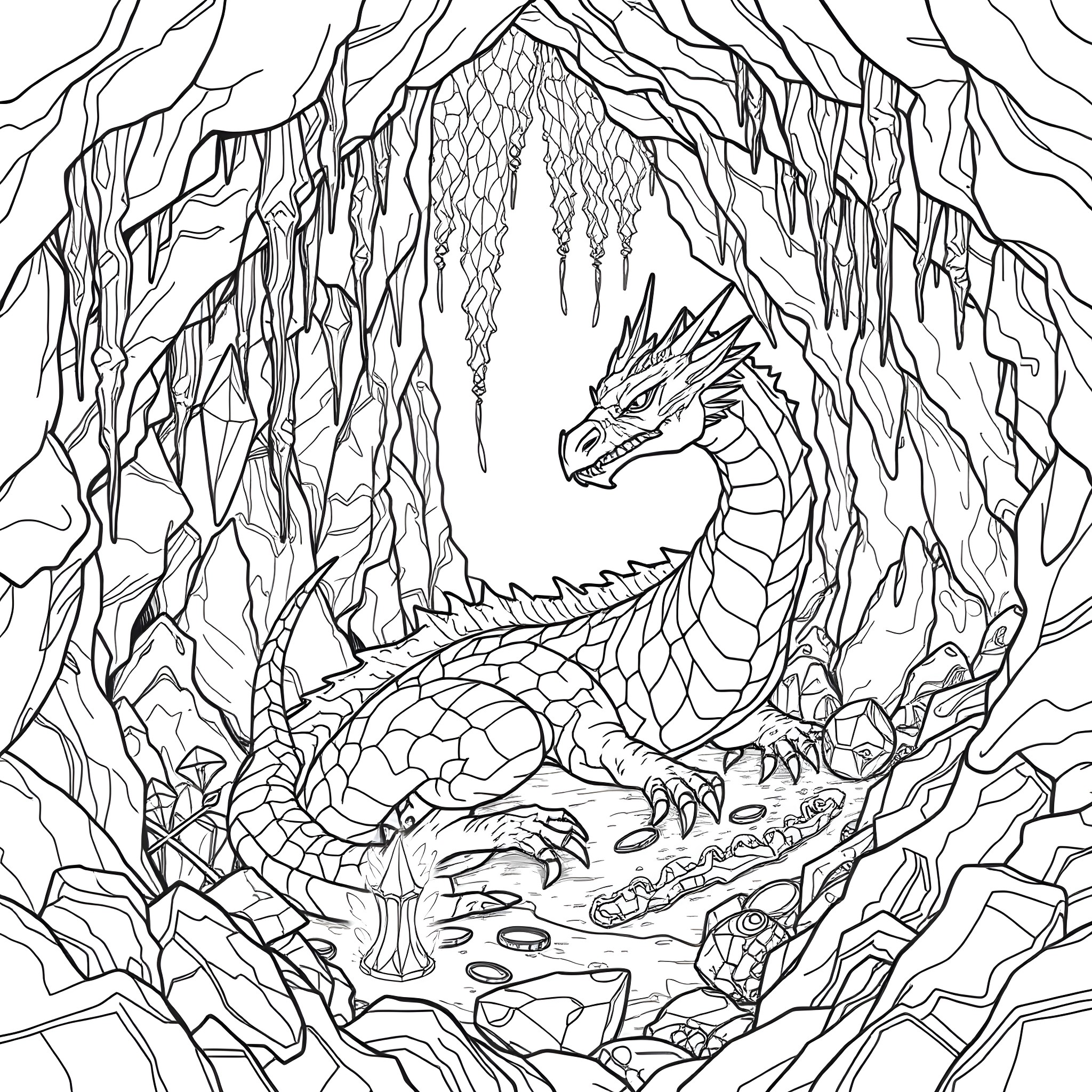 Dragon resting in the icy cave Coloring Page (free black-and-white line drawing printable PDF for all, from beginners to advanced learners, including children, teens, adults, and seniors)