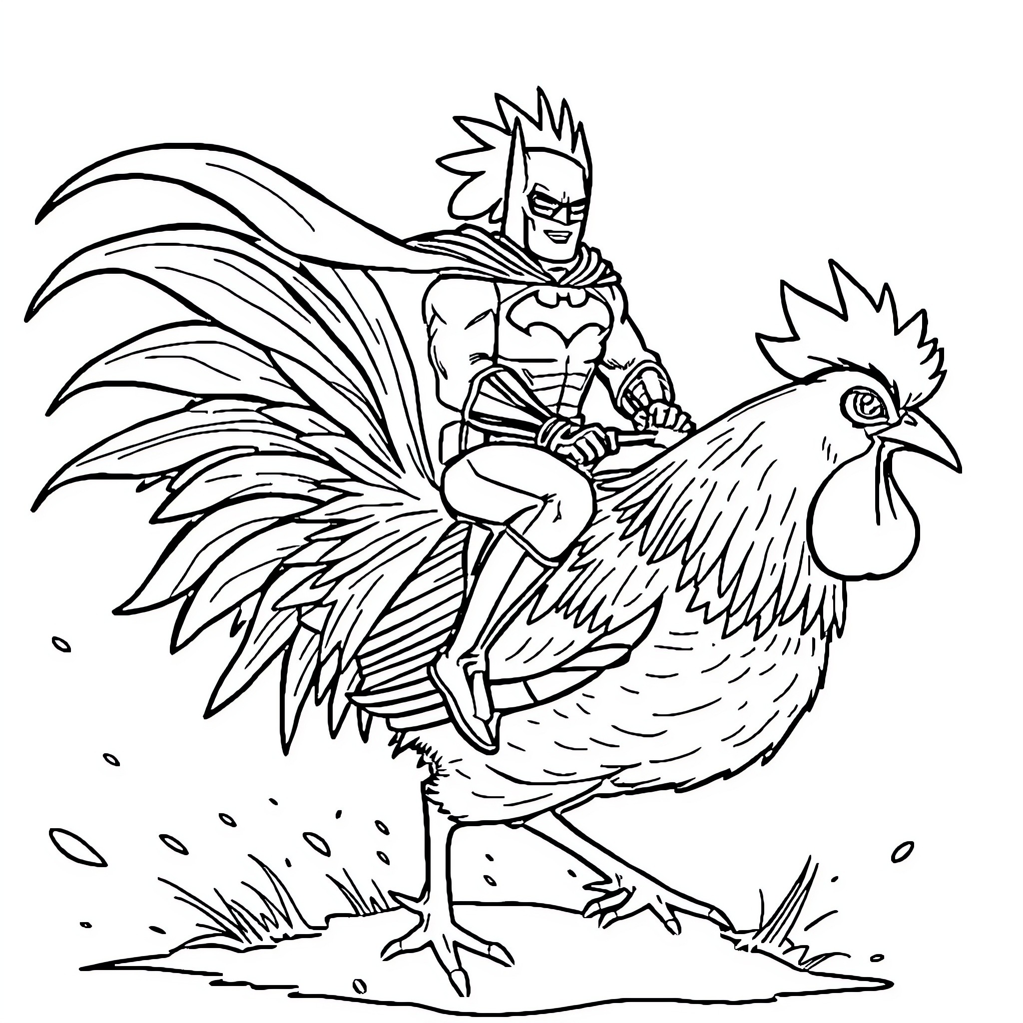 Batman riding an energetic rooster Coloring Page (free black-and-white line drawing printable PDF for all, from beginners to advanced learners, including children, teens, adults, and seniors)