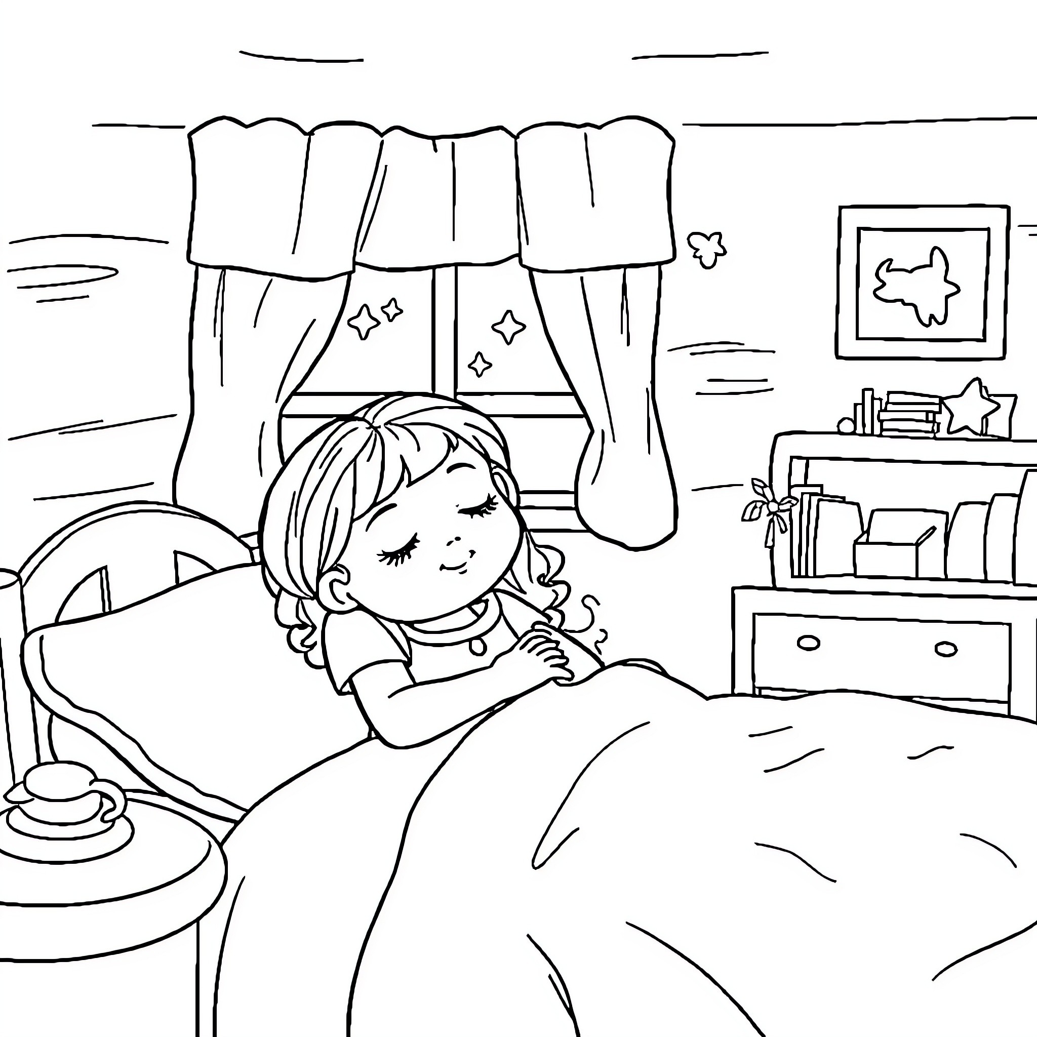Heidi's Peaceful Slumber in Her Cozy Bedroom Coloring Page (free black-and-white line drawing printable PDF for all, from beginners to advanced learners, including children, teens, adults, and seniors)