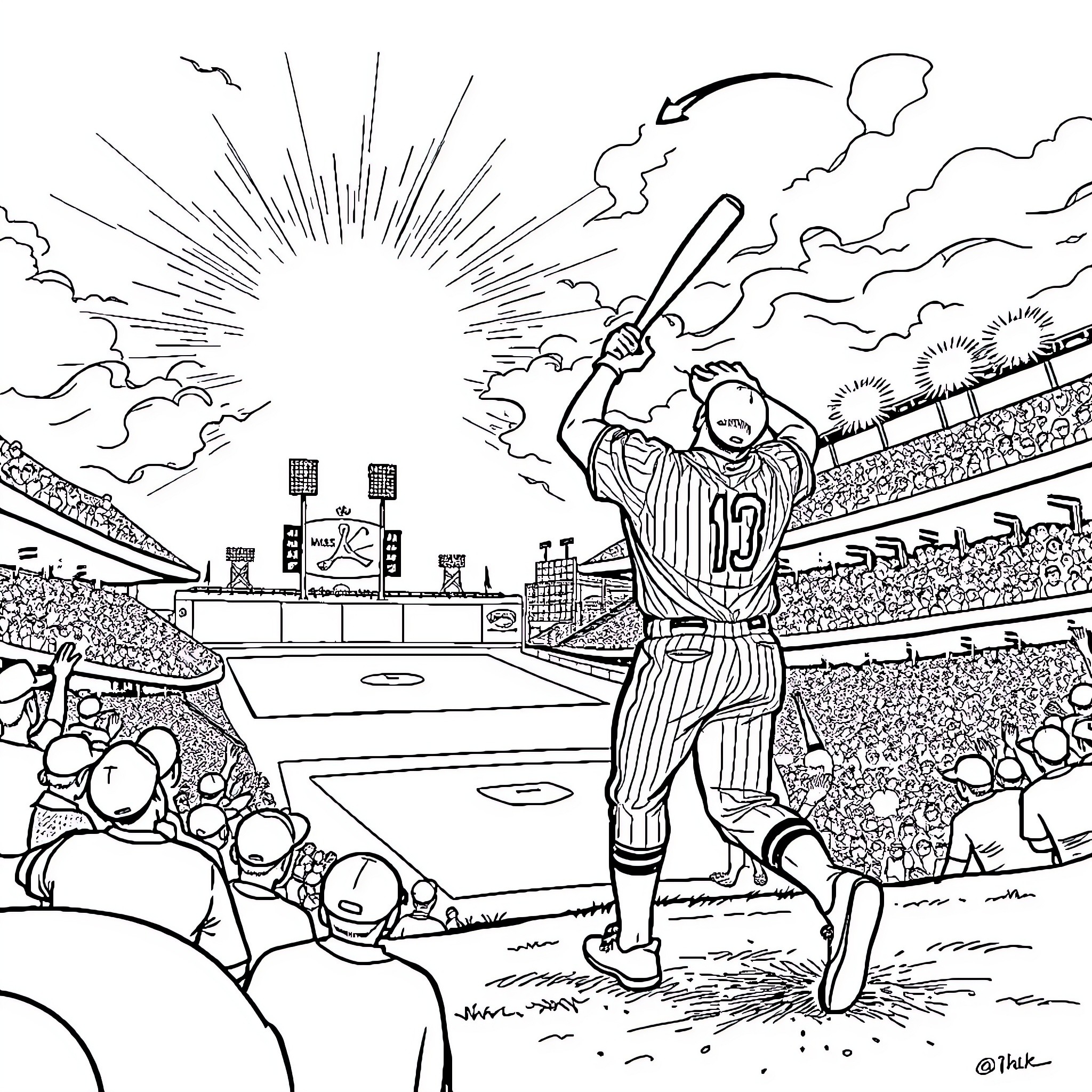 Home Run Celebration at the Baseball Stadium Coloring Page (free black-and-white line drawing printable PDF for all, from beginners to advanced learners, including children, teens, adults, and seniors)