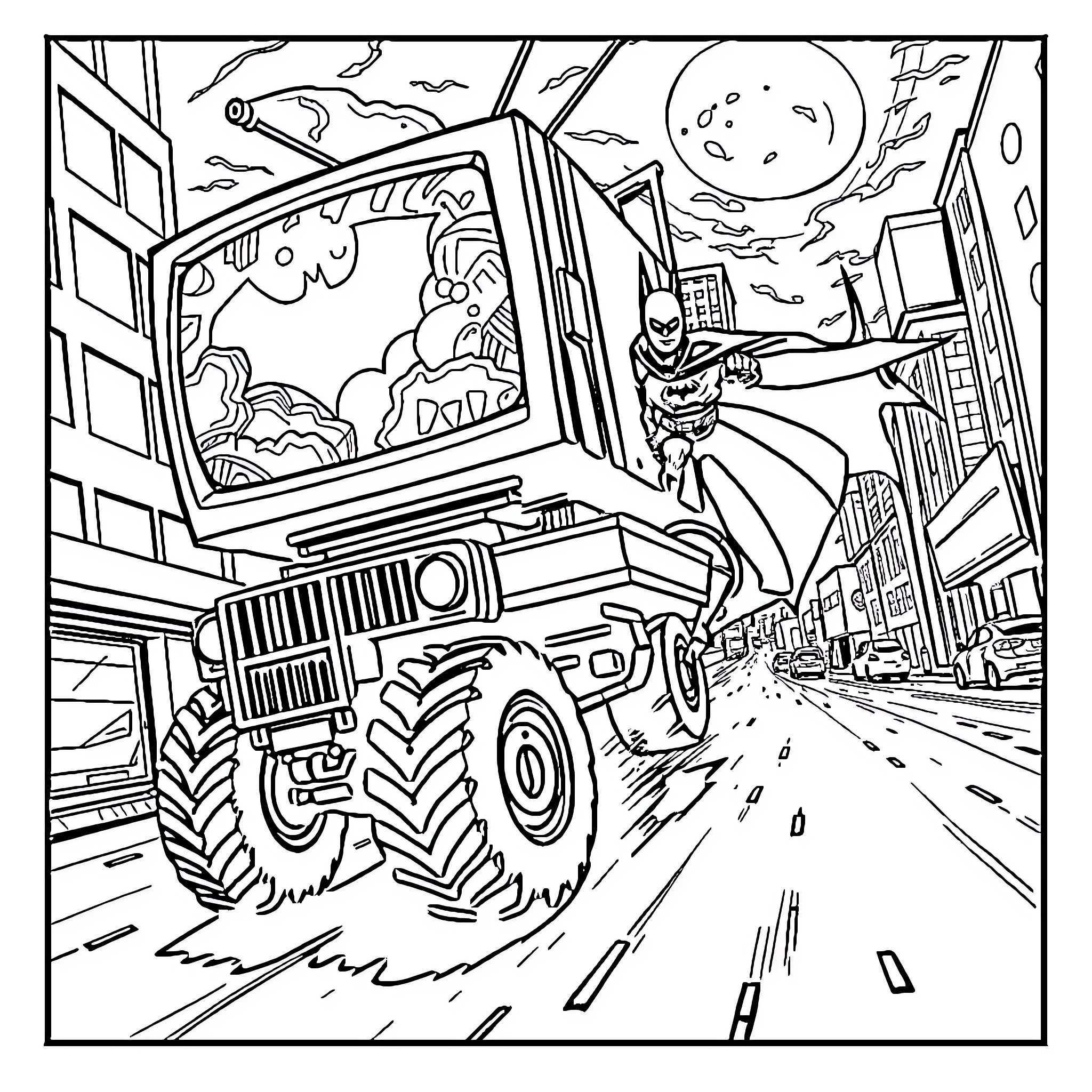 TV Tractor Drives Through Futuristic City Coloring Page (free black-and-white line drawing printable PDF for all, from beginners to advanced learners, including children, teens, adults, and seniors)