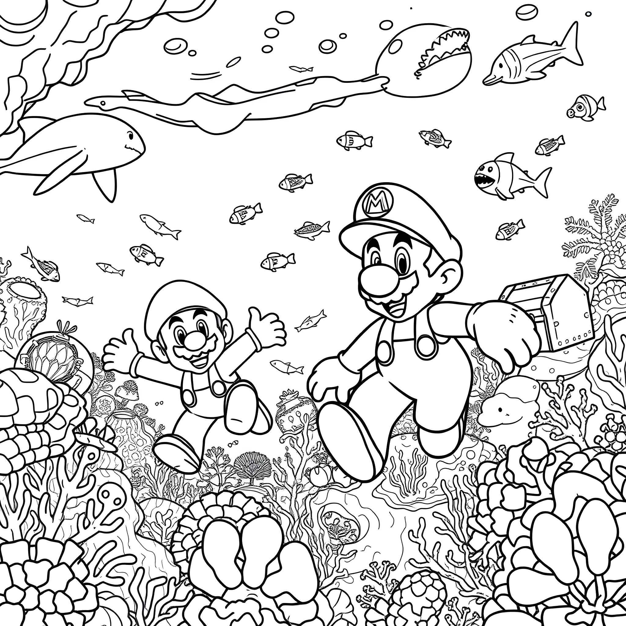Super Mario Underwater Adventure with Friendly Creatures Coloring Page (free black-and-white line drawing printable PDF for all, from beginners to advanced learners, including children, teens, adults, and seniors)