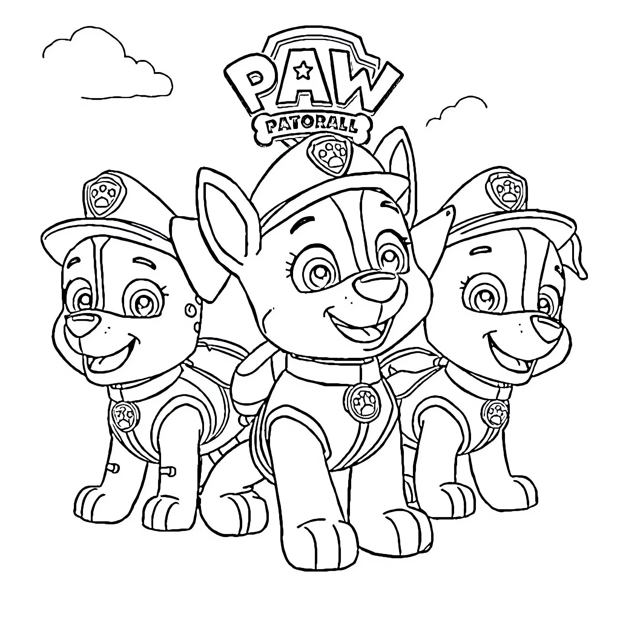Paw Patrol Team Assisting in Rescue Mission Coloring Page (free black-and-white line drawing printable PDF for all, from beginners to advanced learners, including children, teens, adults, and seniors)