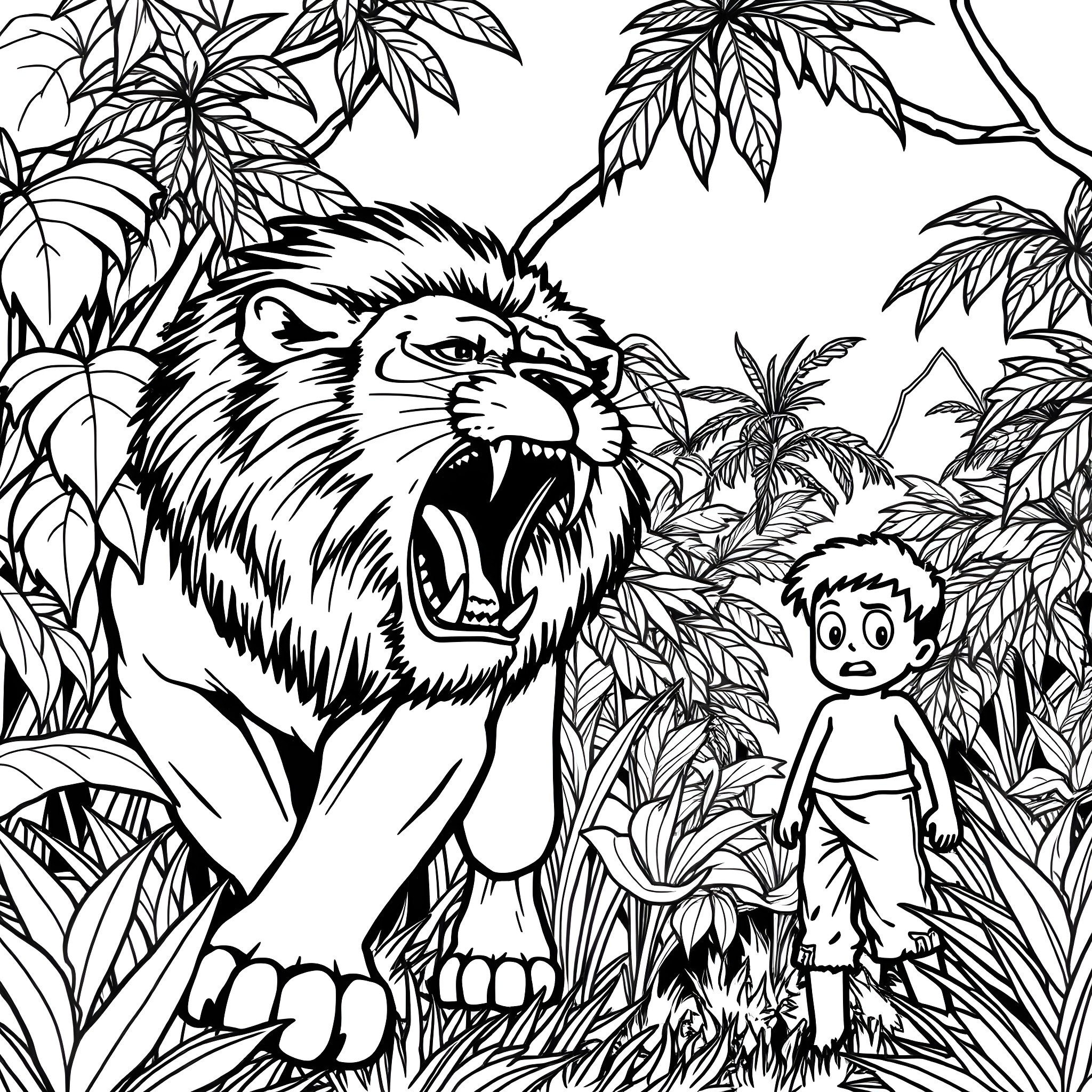 Lion roaring in the jungle with frightened person Coloring Page (free black-and-white line drawing printable PDF for all, from beginners to advanced learners, including children, teens, adults, and seniors)