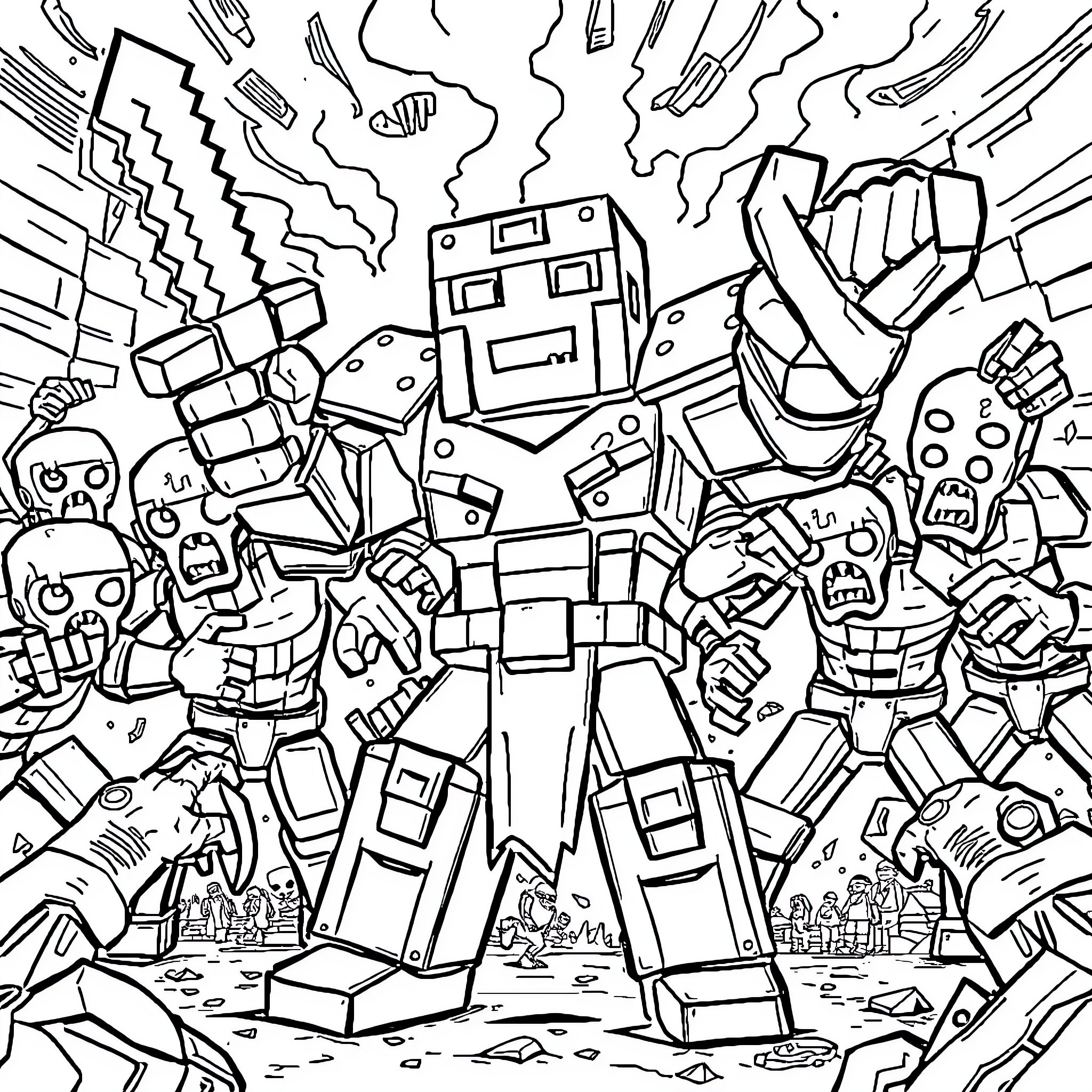 Iron Golem Battling Vicious Mobs in a Chaotic Scene Coloring Page (free black-and-white line drawing printable PDF for all, from beginners to advanced learners, including children, teens, adults, and seniors)