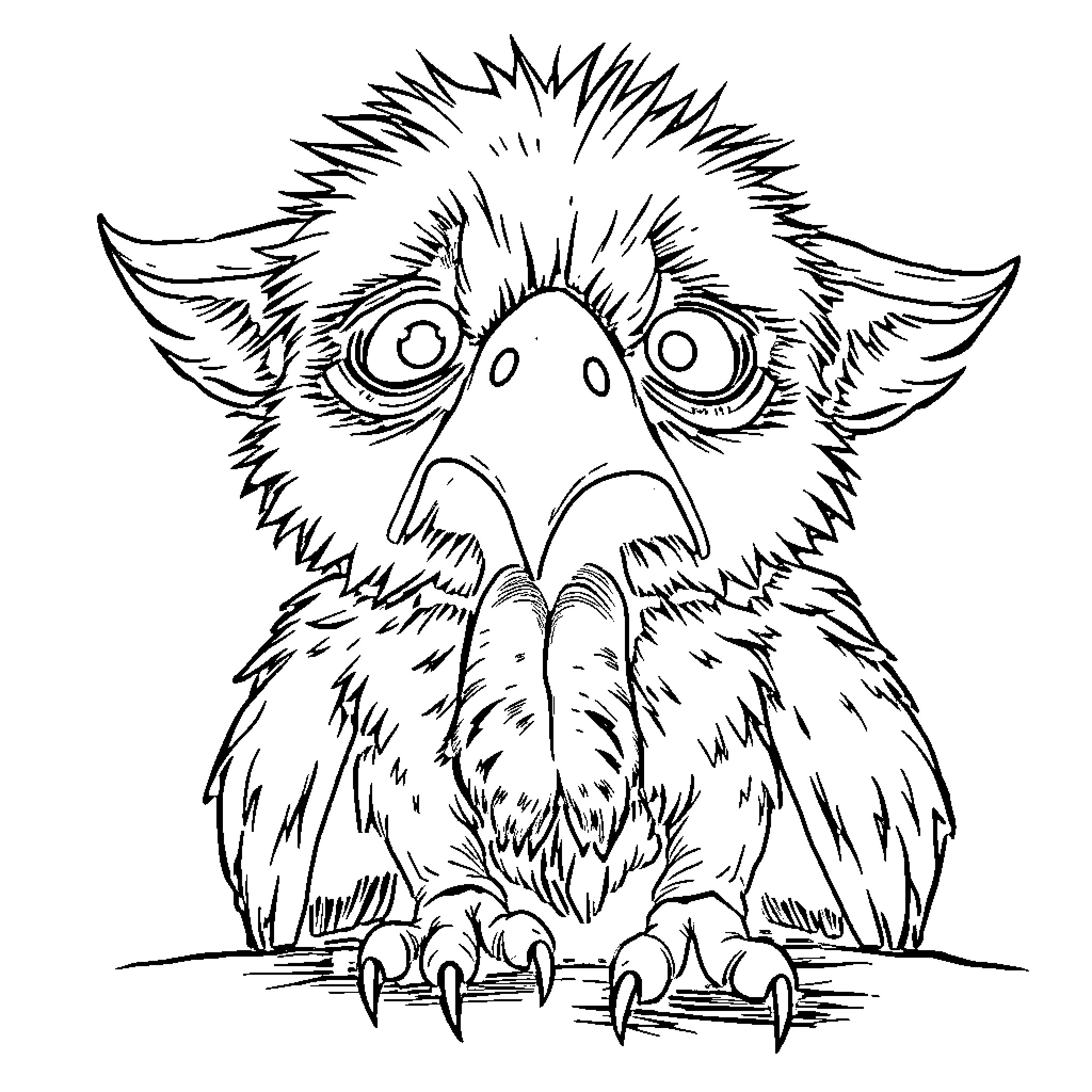 Ostrich with comically large eyes and feathers Coloring Page (free black-and-white line drawing printable PDF for all, from beginners to advanced learners, including children, teens, adults, and seniors)