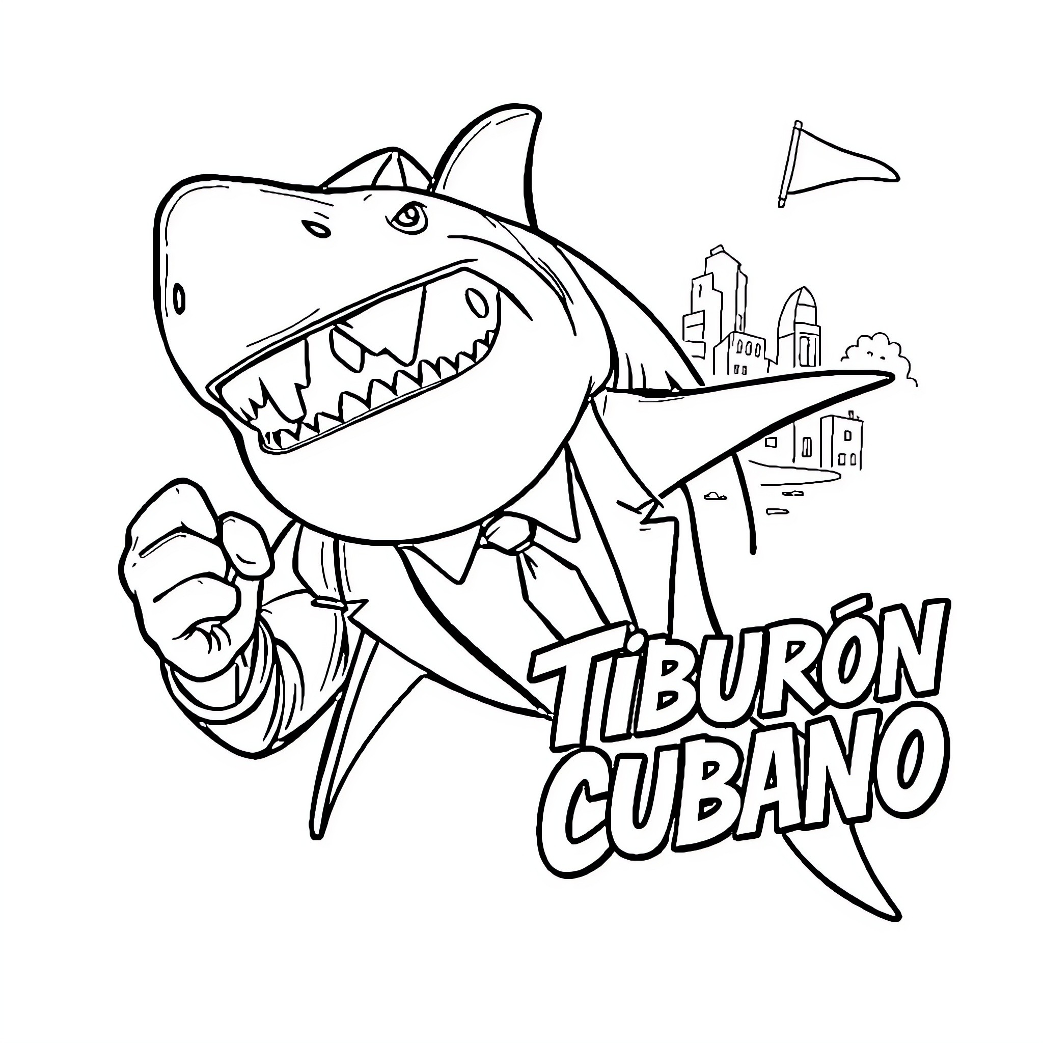Shark businessman attacking the city skyline Coloring Page (free black-and-white line drawing printable PDF for all, from beginners to advanced learners, including children, teens, adults, and seniors)