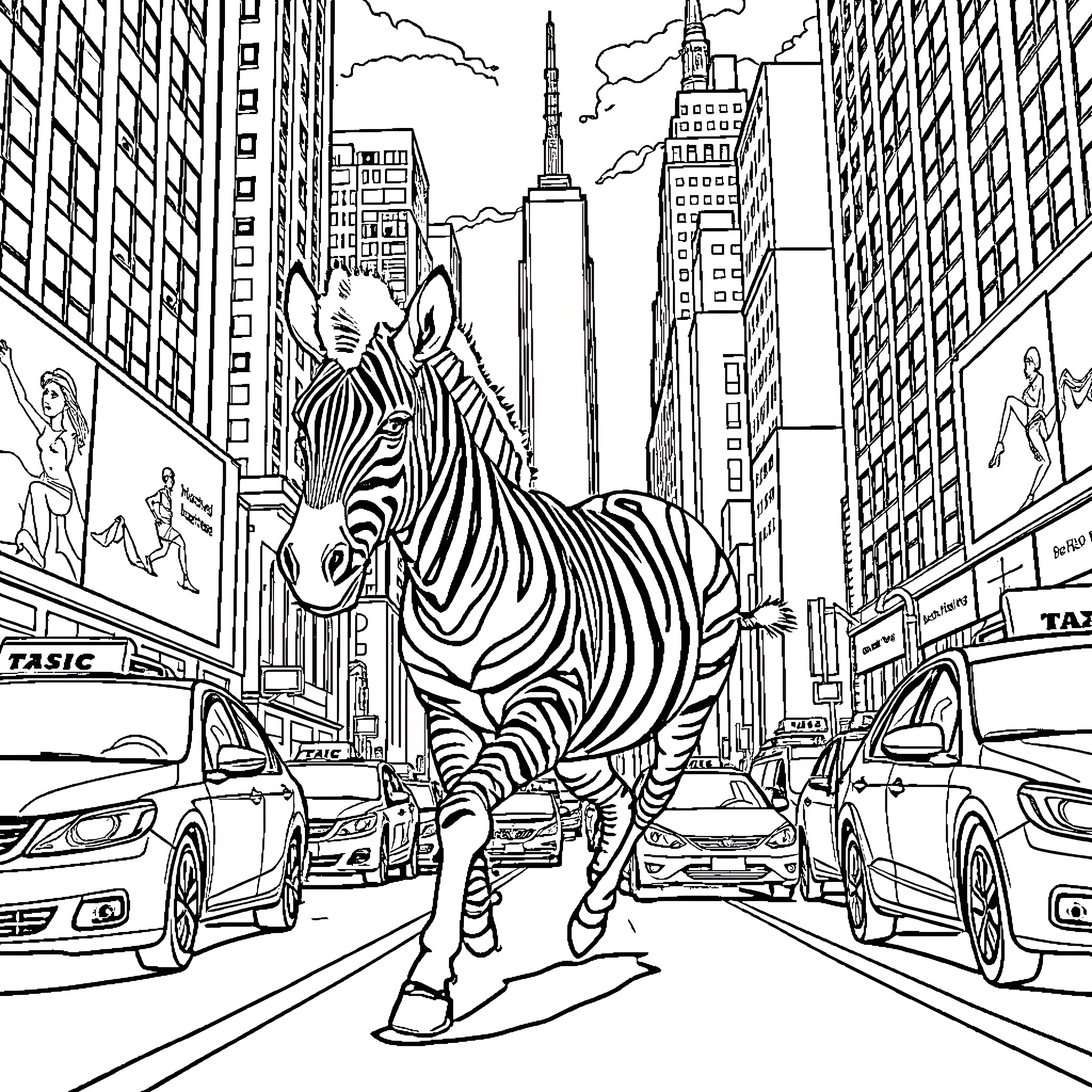 Zebra exploring the bustling city streets Coloring Page (free black-and-white line drawing printable PDF for all, from beginners to advanced learners, including children, teens, adults, and seniors)