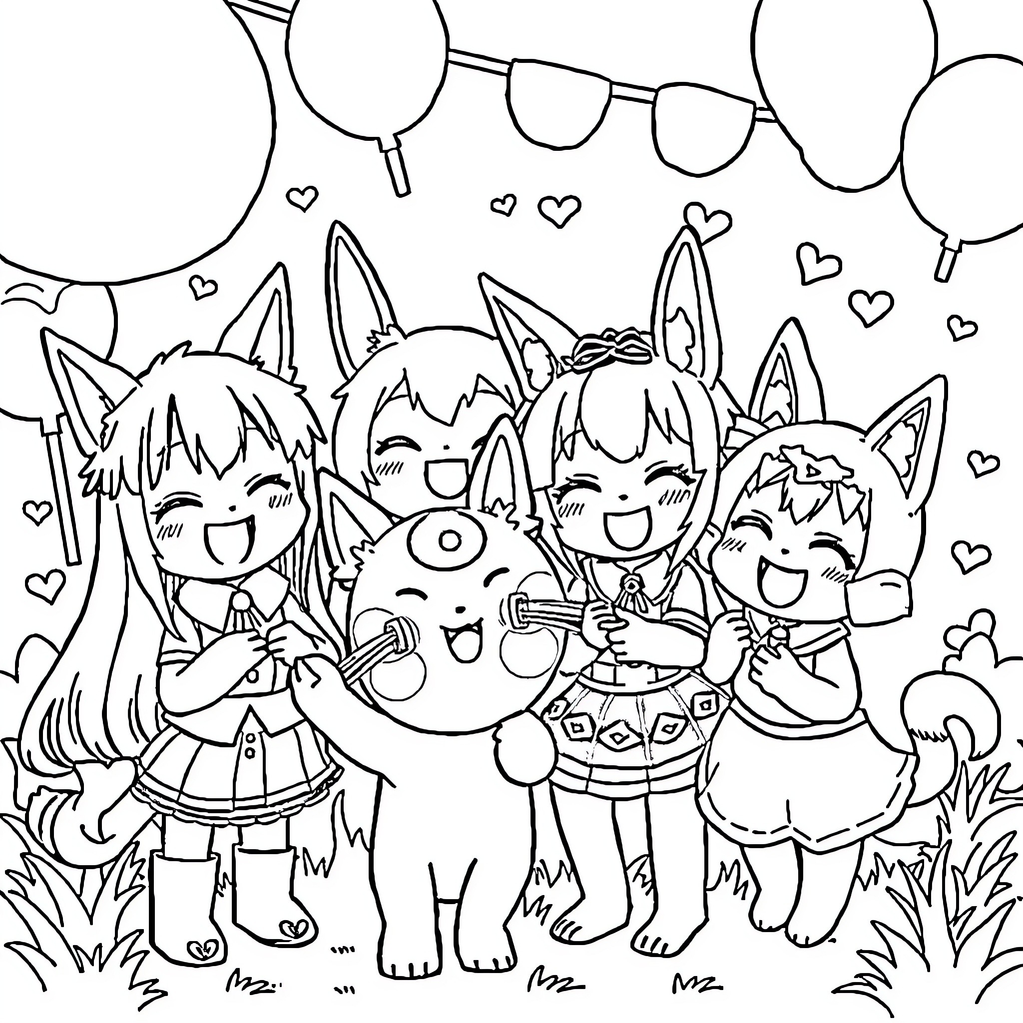 Kuromi and friends celebrate with balloons and hearts Coloring Page (free black-and-white line drawing printable PDF for all, from beginners to advanced learners, including children, teens, adults, and seniors)