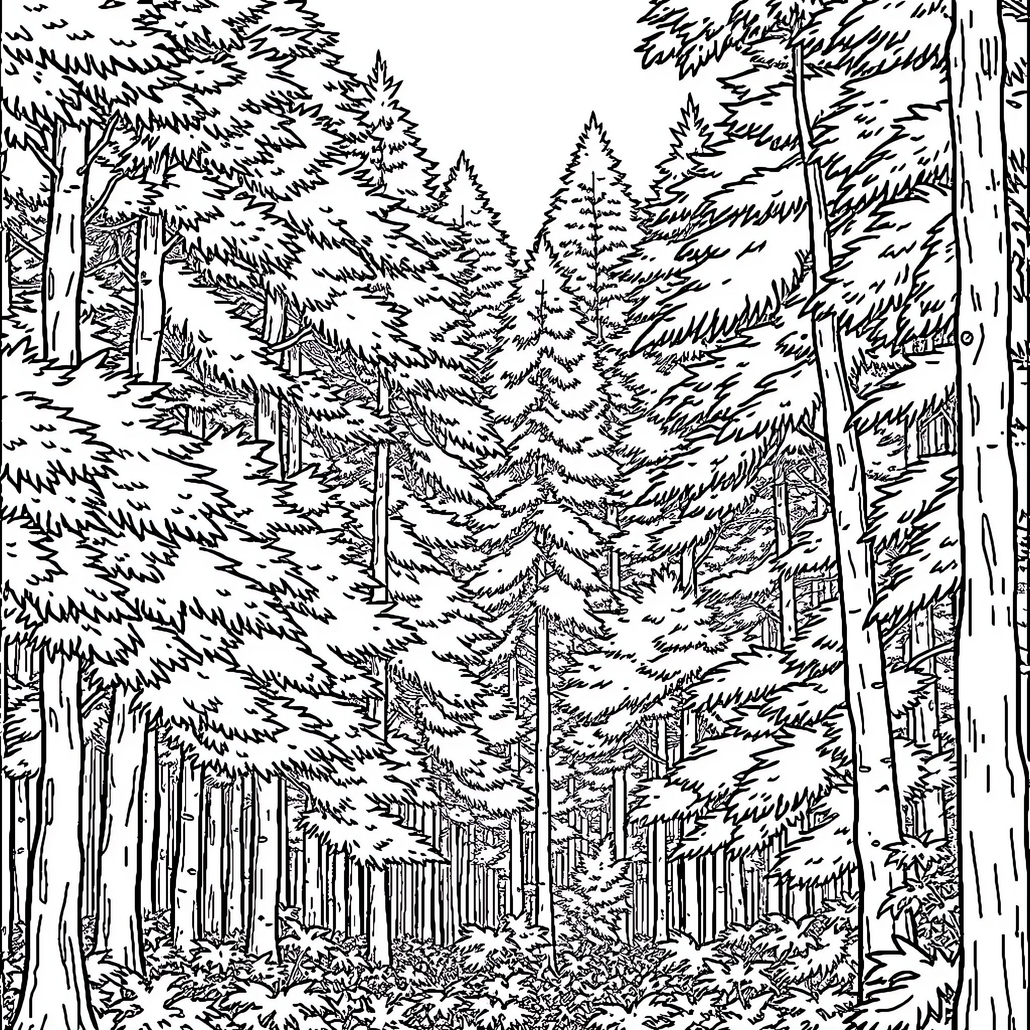 Forest Filled with Towering Pine Trees Coloring Page (free black-and-white line drawing printable PDF for all, from beginners to advanced learners, including children, teens, adults, and seniors)
