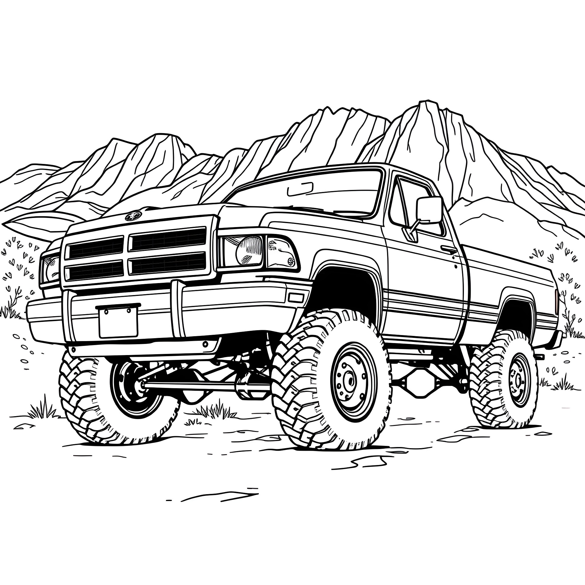Ram truck exploring rugged mountain terrain Coloring Page (free black-and-white line drawing printable PDF for all, from beginners to advanced learners, including children, teens, adults, and seniors)