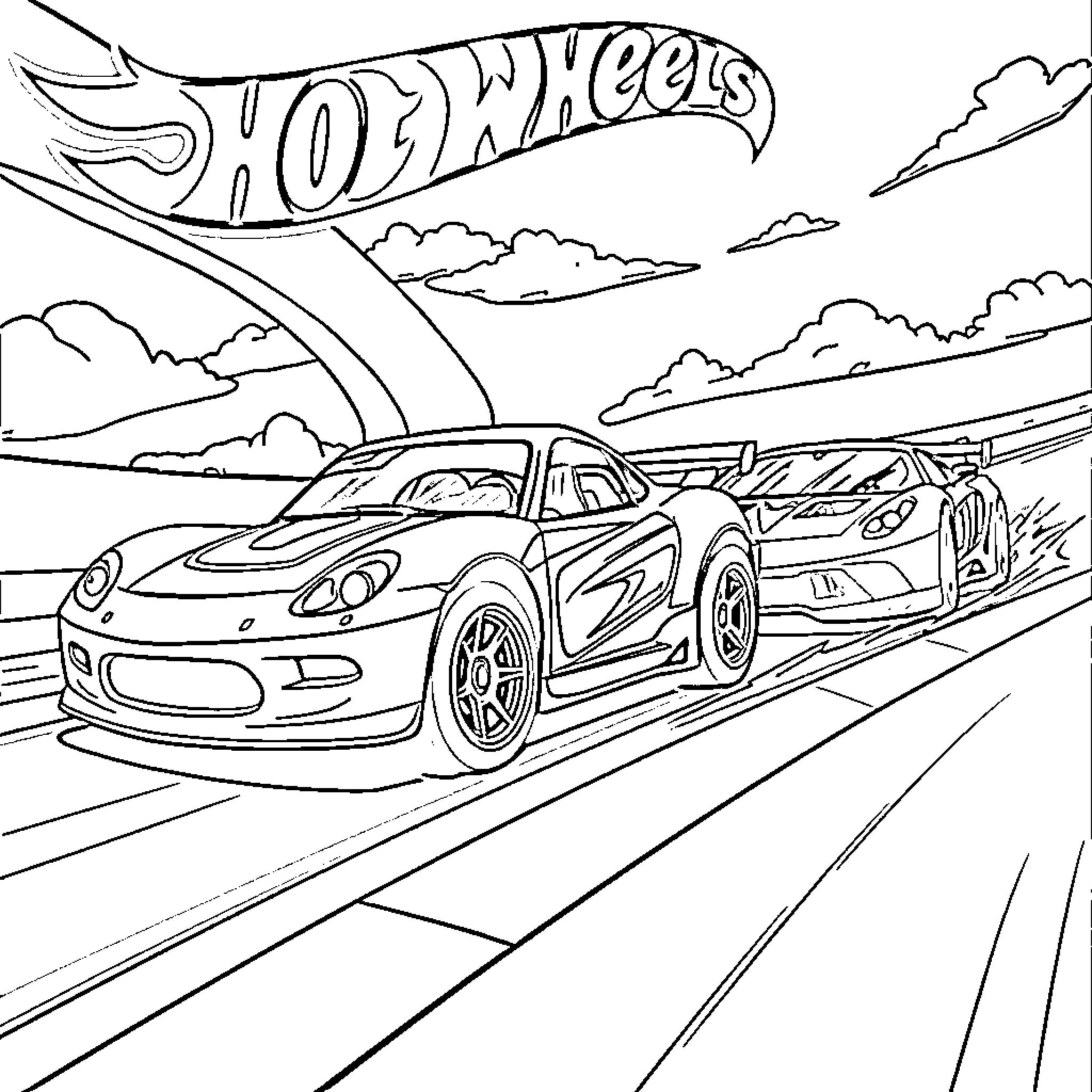 Hot Wheels racing cars on the road Coloring Page (free black-and-white line drawing printable PDF for all, from beginners to advanced learners, including children, teens, adults, and seniors)