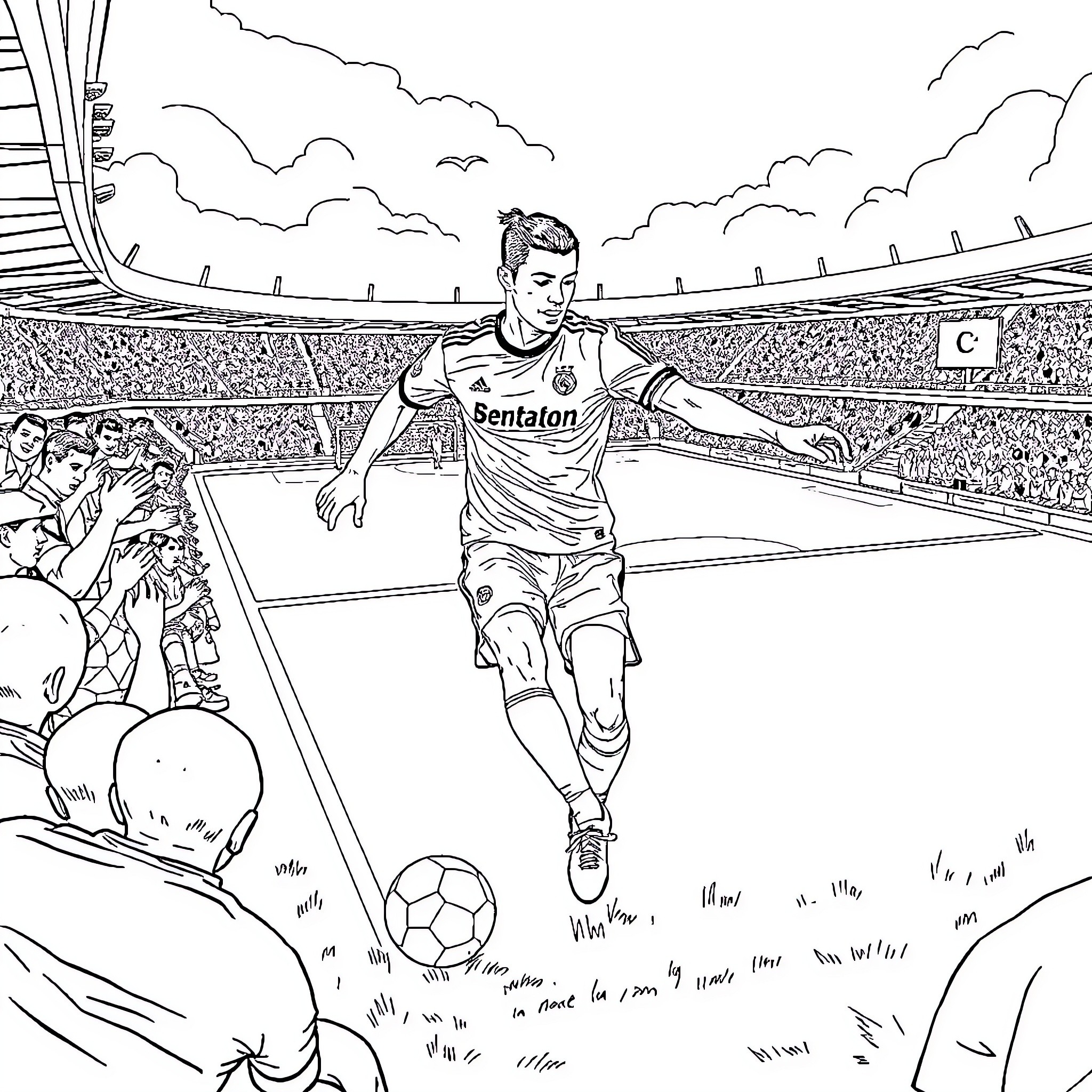 Cristiano Ronaldo Celebrating Goal in Soccer Stadium Coloring Page (free black-and-white line drawing printable PDF for all, from beginners to advanced learners, including children, teens, adults, and seniors)