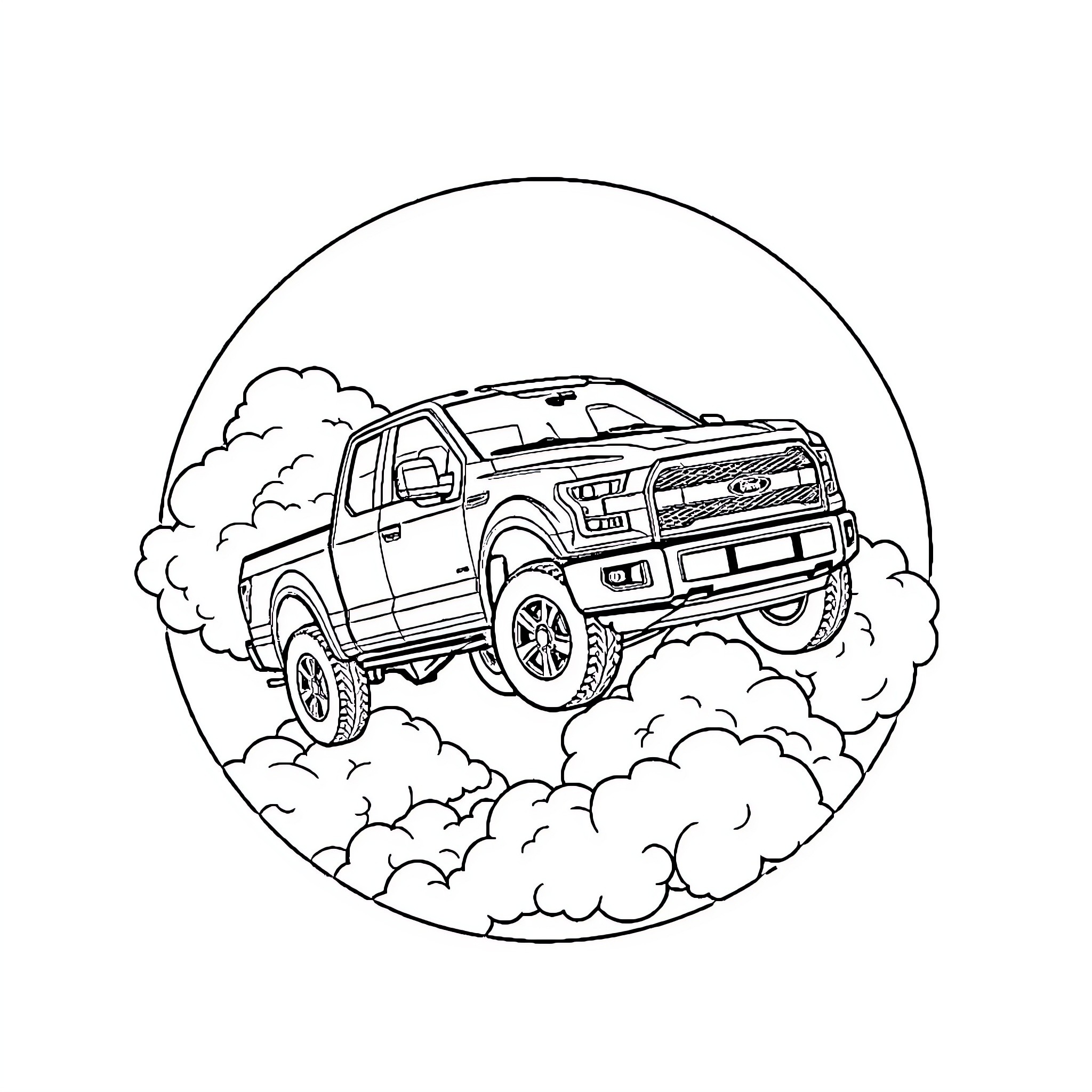 Flying F150 truck soaring through the clouds Coloring Page (free black-and-white line drawing printable PDF for all, from beginners to advanced learners, including children, teens, adults, and seniors)