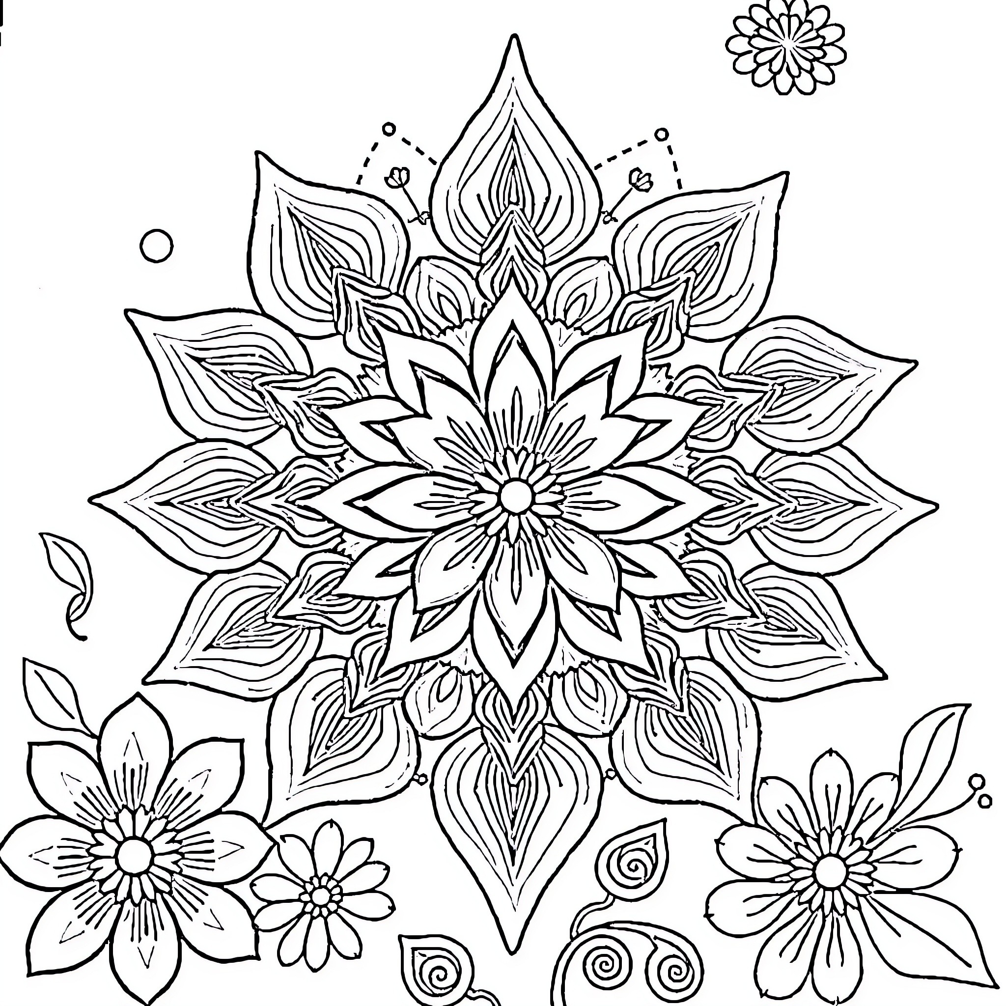 Adult Floral Mandala Design with Intricate Patterns Coloring Page (free black-and-white line drawing printable PDF for all, from beginners to advanced learners, including children, teens, adults, and seniors)