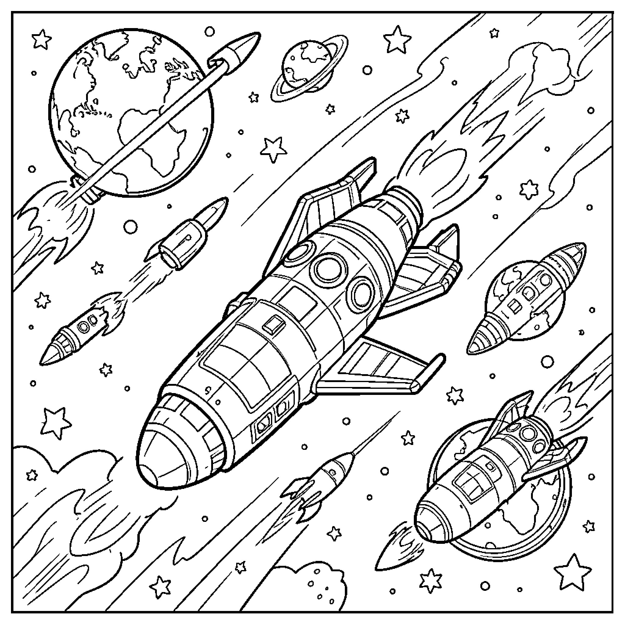 Space Exploration with Rockets and Satellites Coloring Page (free black-and-white line drawing printable PDF for all, from beginners to advanced learners, including children, teens, adults, and seniors)